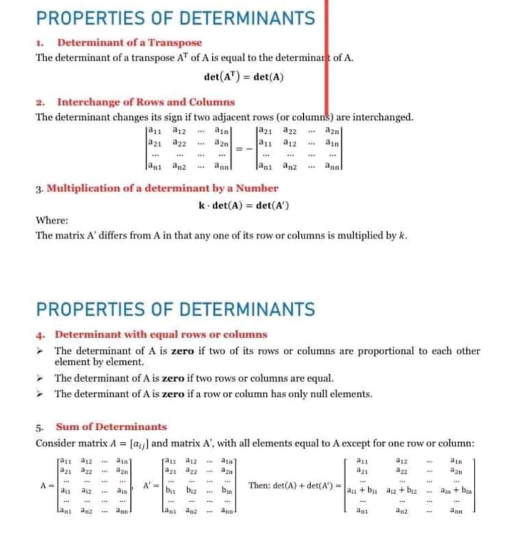 PROPERTIES OF DETERMINANTS<br>1. Determinant of a Transpose<br>The determinant of a transpose AT of A is equal to the determinant of A.<br>det(A