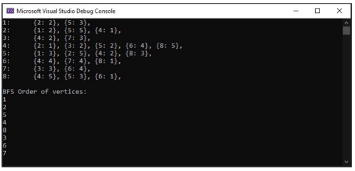 3:<br>4:<br>5:<br>6:<br>7:<br>8:<br>A Microsoft Visual Studio Debug Console<br>(2: 2}, (5: 3),<br>{1: 2}, (5: 5), (4: 1},<br>{4: 2}, (7: 3},<br>{2: 1}, {3: 2}, {5: 2}, {6: 4}, {8: 5},<br>{1: 3}, (2: 5}, (4: 2}, (8: 3},<br>(4: 4), (7: 4), (8: 1),<br>{3: 3), (6: 4},<br>{4: 5}, {5: 3}, {6: 1},<br>BFS Order of vertices:<br>