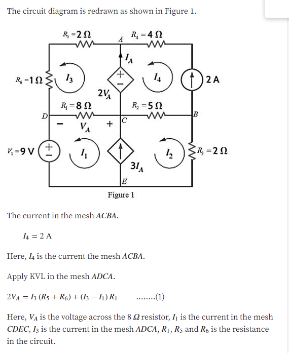 The circuit diagram is redrawn as shown in Figure 1.<br>R, =2 2<br>R, = 4 2<br>t,<br>R =1N3 13<br>(f) 2A<br>2V<br>R = 8 2<br>R =5 N<br>D<br>|C<br>VA<br>K =9 V<br>SR, =2 2<br>31.<br>E<br>Figure 1<br>The current in the mesh ACBA.<br>I4 = 2 A<br>Here, 4 is the current the mesh ACBA.<br>Apply KVL in the mesh ADCA.<br>2VA = 13 (R5 + R6) + (I3 – I1) R1<br>.(1)<br>Here, Va is the voltage across the 8 2 resistor, Ij is the current in the mesh<br>CDEC, I3 is the current in the mesh ADCA, R1, R5 and R6 is the resistance<br>in the circuit.<br>+,<br>