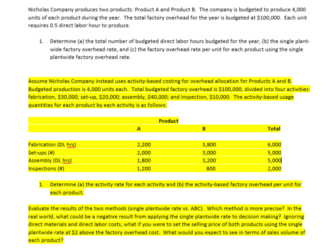 Nicholas Company produces two products: Product A and Product B. The company is budgeted to produce 4,000<br>units of each product during the year. The total factory overhead for the year is budgeted at $100,000. Each unit<br>requires 0.5 direct labor hour to produce.<br>1. Determine (a) the total number of budgeted direct labor hours budgeted for the year, (b) the single plant-<br>wide factory overhead rate, and (c) the factory overhead rate per unit for each product using the single<br>plantwide factory overhead rate.<br>Assume Nicholas Company instead uses activity-based costing for overhead allocation for Products A and B.<br>Budgeted production is 4,000 units each. Total budgeted factory overhead is $100,000, divided into four activities:<br>fabrication, $30,000; set-up, $20,000; assembly, $40,000; and inspection, $10,000. The activity-based usage<br>quantities for each product by each activity is as follows:<br>Product<br>Total<br>Fabrication (DL hrs)<br>2,200<br>3,800<br>6,000<br>Set-ups (#)<br>2,000<br>3,000<br>5,000<br>Assembly (DL hrs)<br>1,800<br>3,200<br>5,000<br>Inspections (#)<br>1,200<br>800<br>2,000<br>1. Determine (a) the activity rate for each activity and (b) the activity-based factory overhead per unit for<br>each product.<br>Evaluate the results of the two methods (single plantwide rate vs. ABC). Which method is more precise? In the<br>real world, what could be a negative result from applying the single plantwide rate to decision making? Ignoring<br>direct materials and direct labor costs, what if you were to set the selling price of both products using the single<br>plantwide rate at $2 above the factory overhead cost. What would you expect to see in terms of sales volume of<br>each product?<br>