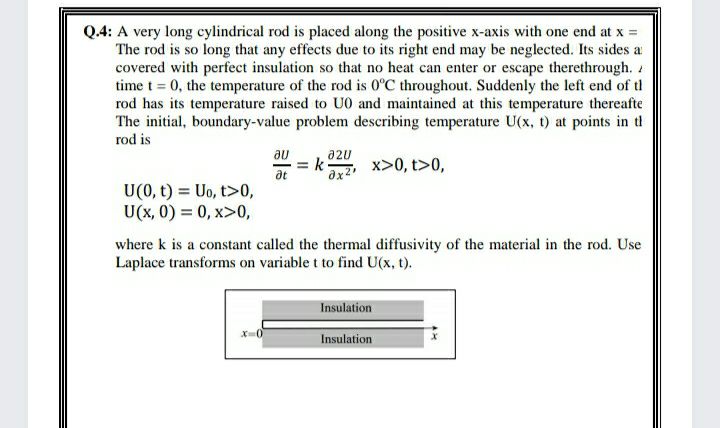 Q.4: A very long cylindrical rod is placed along the positive x-axis with one end at x =<br>The rod is so long that any effects due to its right end may be neglected. Its sides a<br>covered with perfect insulation so that no heat can enter or escape therethrough.<br>time t = 0, the temperature of the rod is 0°C throughout. Suddenly the left end of tl<br>rod has its temperature raised to U0 and maintained at this temperature thereafte<br>The initial, boundary-value problem describing temperature U(x, t) at points in ti<br>rod is<br>a2u<br>au<br>= k<br>dx2