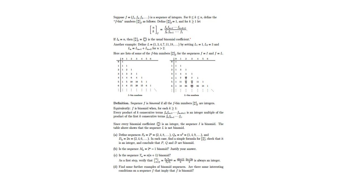 Suppose f = (f1. fa fs...) is a sequence of integers. For 0<k<n, define the<br>