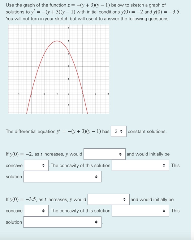 Use the graph of the function z = -(y + 3)(y – 1) below to sketch a graph of<br>solutions to y' = -(y + 3)(y – 1) with initial conditions y(0) = -2 and y(0) = -3.5.<br>You will not turn in your sketch but will use it to answer the following questions.<br>-2<br>--1<br>The differential equation y' = -(y + 3)(y – 1) has 2 constant solutions.<br>If y(0) = -2, as t increases, y would<br>+ and would initially be<br>• The concavity of this solution<br>+ . This<br>concave<br>solution<br>If y(0) = -3.5, as t increases, y would<br>+ and would initially be<br>• . The concavity of this solution<br>+ . This<br>concave<br>solution<br>