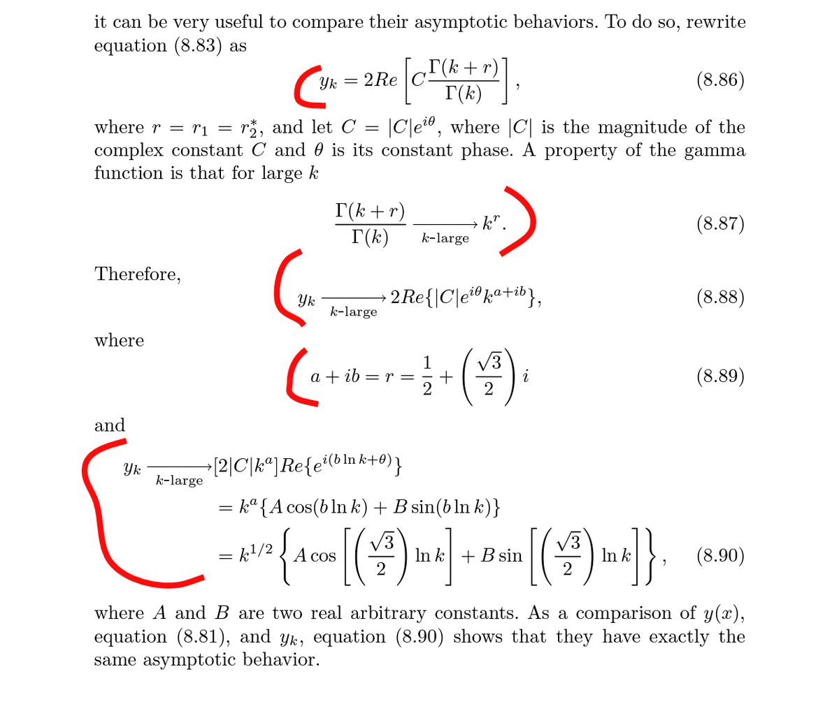 it can be very useful to compare their asymptotic behaviors. To do so, rewrite<br>equation (8.83) as<br>T(k+r)<br>I(k)<br>Yk<br>2 Re<br>(8.86)<br>where r = ri =<br>r*, and let C =<br>|C|e