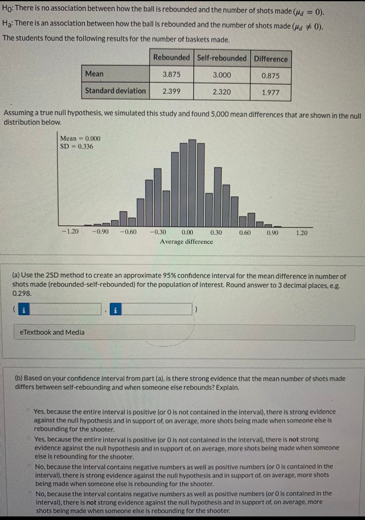 Ho: There is no association between how the ball is rebounded and the number of shots made (u, = 0).<br>Ha: There is an association between how the ball is rebounded and the number of shots made (u, 0).<br>The students found the following results for the number of baskets made.<br>Rebounded<br>Self-rebounded Difference<br>Mean<br>3.875<br>3.000<br>0.875<br>Standard deviation<br>2.399<br>2.320<br>1.977<br>Assuming a true null hypothesis, we simulated this study and found 5,000 mean differences that are shown in the null<br>distribution below.<br>Mean = 0.000<br>SD = 0.336<br>-1.20<br>-0.90<br>-0.60<br>-0.30<br>0.00<br>0.30<br>0.60<br>0.90<br>1.20<br>Average difference<br>(a) Use the 2SD method to create an approximate 95% confidence interval for the mean difference in number of<br>shots made (rebounded-self-rebounded) for the population of interest. Round answer to 3 decimal places, e.g.<br>0.298.<br>eTextbook and Media<br>(b) Based on your confidence interval from part (a), is there strong evidence that the mean number of shots made<br>differs between self-rebounding and when someone else rebounds? Explain.<br>Yes, because the entire interval is positive (or O is not contained in the interval), there is strong evidence<br>against the null hypothesis and in support of, on average, more shots being made when someone else is<br>rebounding for the shooter.<br>Yes, because the entire interval is positive (or 0 is not contained in the interval), there is not strong<br>evidence against the null hypothesis and in support of, on average, more shots being made when someone<br>else is rebounding for the shooter.<br>No, because the interval contains negative numbers as well as positive numbers (or 0 is contained in the<br>interval), there is strong evidence against the null hypothesis and in support of, on average, more shots<br>being made when someone else is rebounding for the shooter.<br>No, because the interval contains negative numbers as well as positive numbers (or 0 is contained in the<br>interval), there is not strong evidence against the null hypothesis and in support of, on average, more<br>shots being made when someone else is rebounding for the shooter.<br>