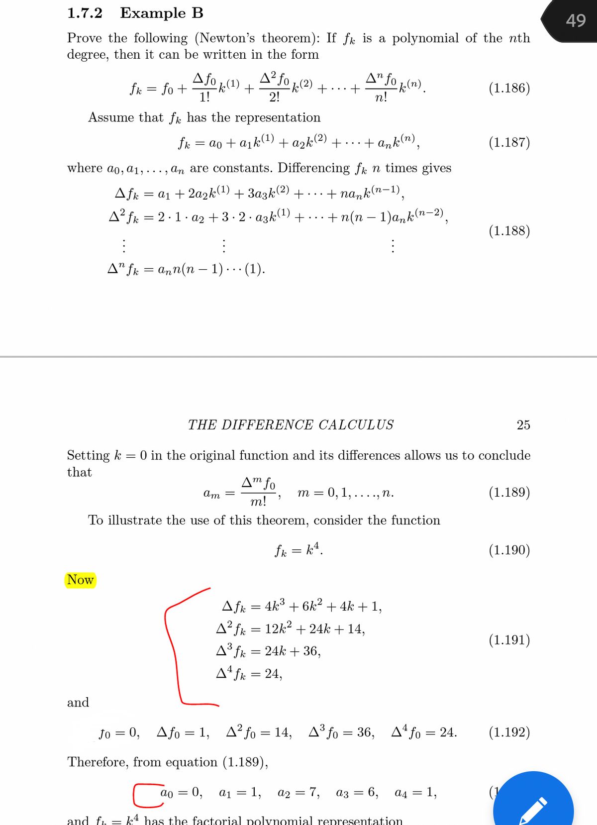 1.7.2<br>Example B<br>49<br>Prove the following (Newton's theorem): If fk is a polynomial of the nth<br>degree, then it can be written in the form<br>A fo 1)<br>A² fo 1(2) + ..+<br>A