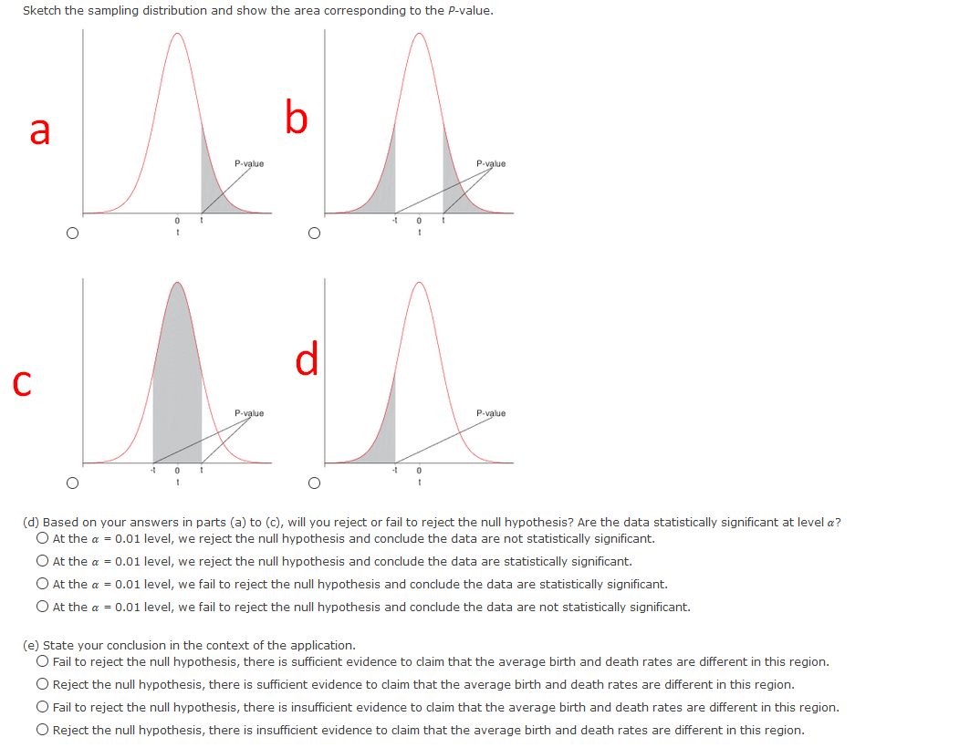 Sketch the sampling distribution and show the area corresponding to the P-value.<br>a<br>P-value<br>P-value<br>d<br>P-value<br>P-value<br>(d) Based on your answers in parts (a) to (c), will you reject or fail to reject the null hypothesis? Are the data statistically significant at level a?<br>O At the a = 0.01 level, we reject the null hypothesis and conclude the data are not statistically significant.<br>O At the a = 0.01 level, we reject the null hypothesis and conclude the data are statistically significant.<br>O At the a = 0.01 level, we fail to reject the null hypothesis and conclude the data are statistically significant.<br>O At the a = 0.01 level, we fail to reject the null hypothesis and conclude the data are not statistically significant.<br>(e) State your conclusion in the context of the application.<br>O Fail to reject the null hypothesis, there is sufficient evidence to claim that the average birth and death rates are different in this region.<br>O Reject the null hypothesis, there is sufficient evidence to claim that the average birth and death rates are different in this region.<br>O Fail to reject the null hypothesis, there is insufficient evidence to claim that the average birth and death rates are different in this region.<br>O Reject the null hypothesis, there is insufficient evidence to claim that the average birth and death rates are different in this region.<br>