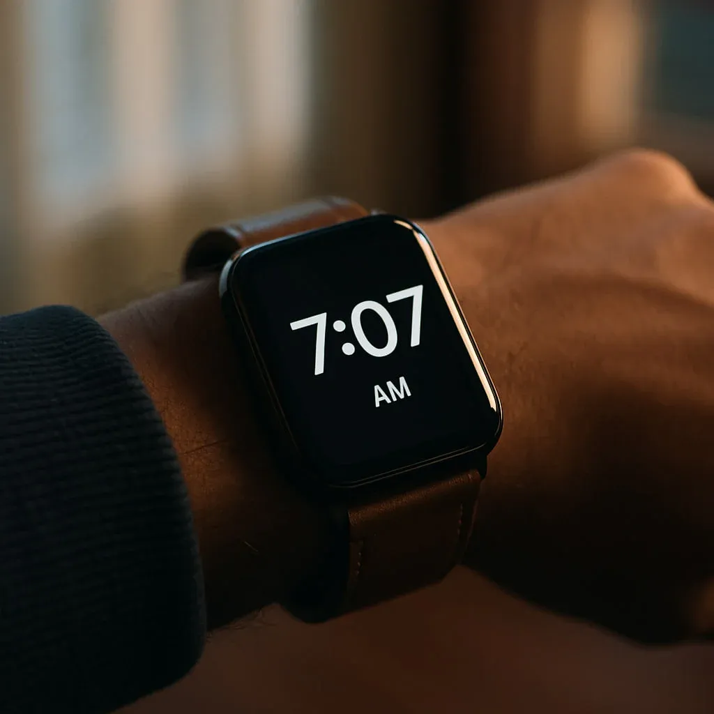 Person checking digital watch showing angel number 707 at 7:07 AM — symbolic sign of spiritual awakening and synchronicity.