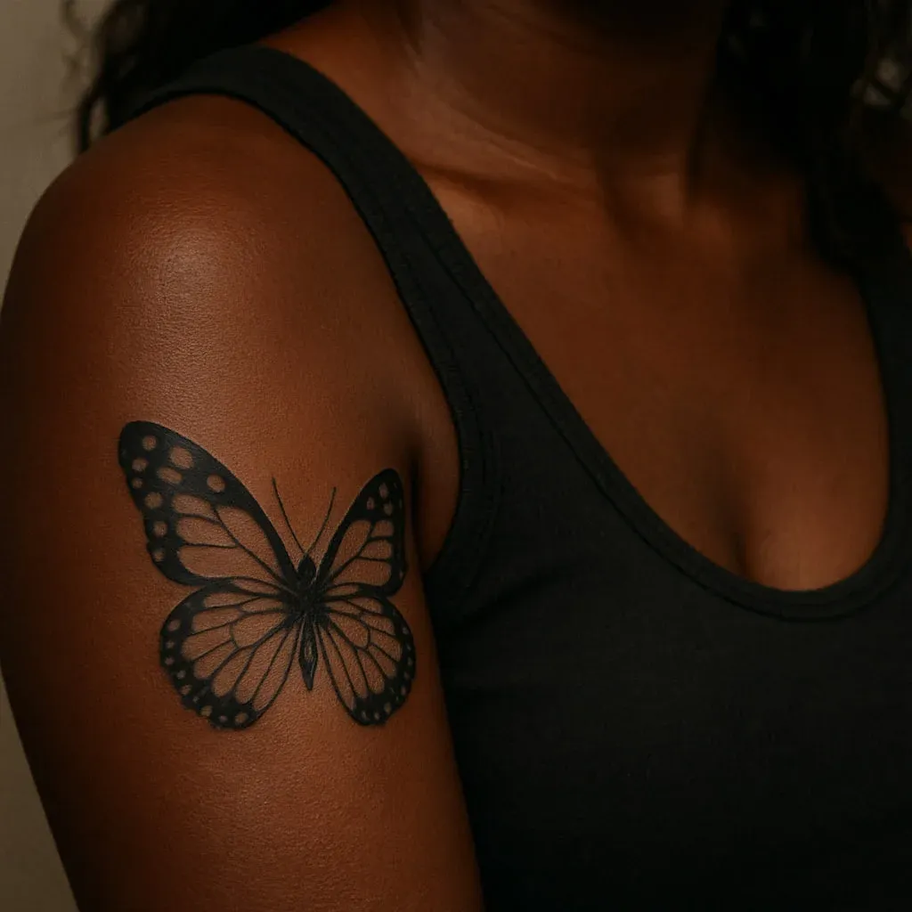 Black butterfly tattoo on upper arm — symbol of transformation, freedom, and spiritual growth.