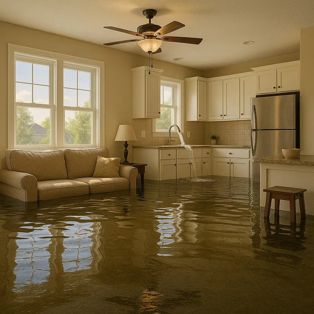 Modern open-plan kitchen and living room with water flooding the floor, submerging furniture legs and reflecting windows, cabinets, and appliances