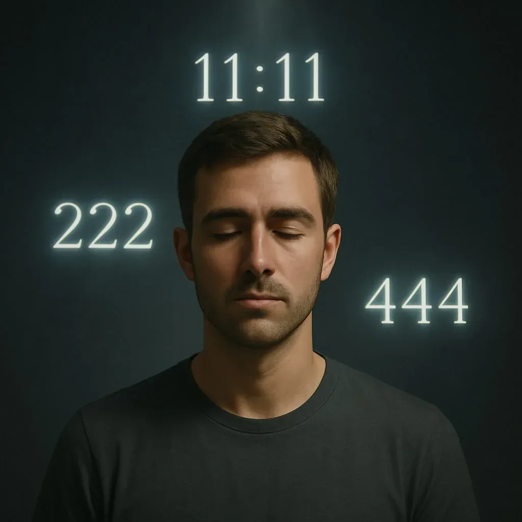 Photorealistic square portrait of a calm man with closed eyes, surrounded by glowing angel numbers 11:11, 222, and 444 against a dark background