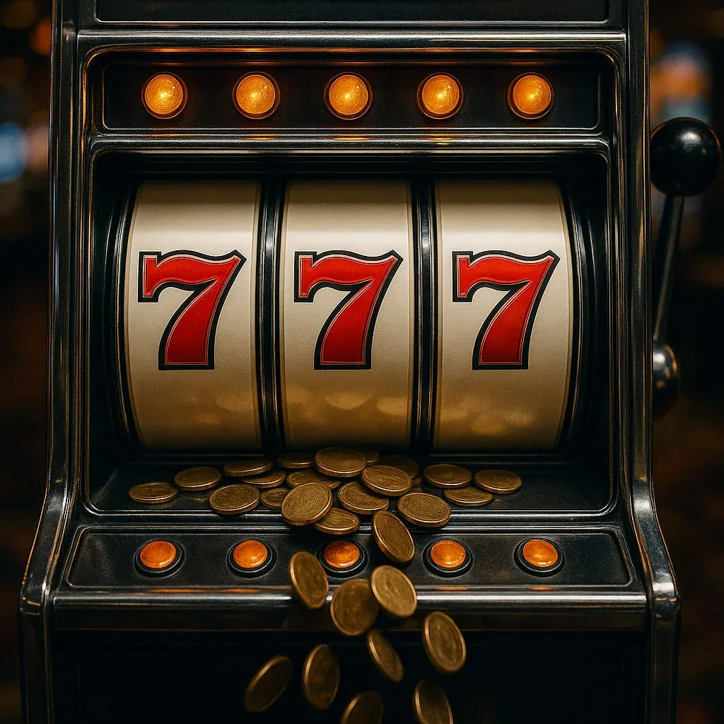 Slot machine showing 777 with coins spilling out — symbol of luck, abundance, and spiritual meaning behind the 777 angel number.