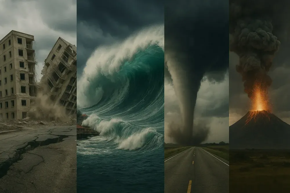 A realistic panoramic collage of four natural disasters in a horizontal layout: a crumbling building during an earthquake, a massive tsunami wave approaching coastal homes, a tornado forming over a rural highway