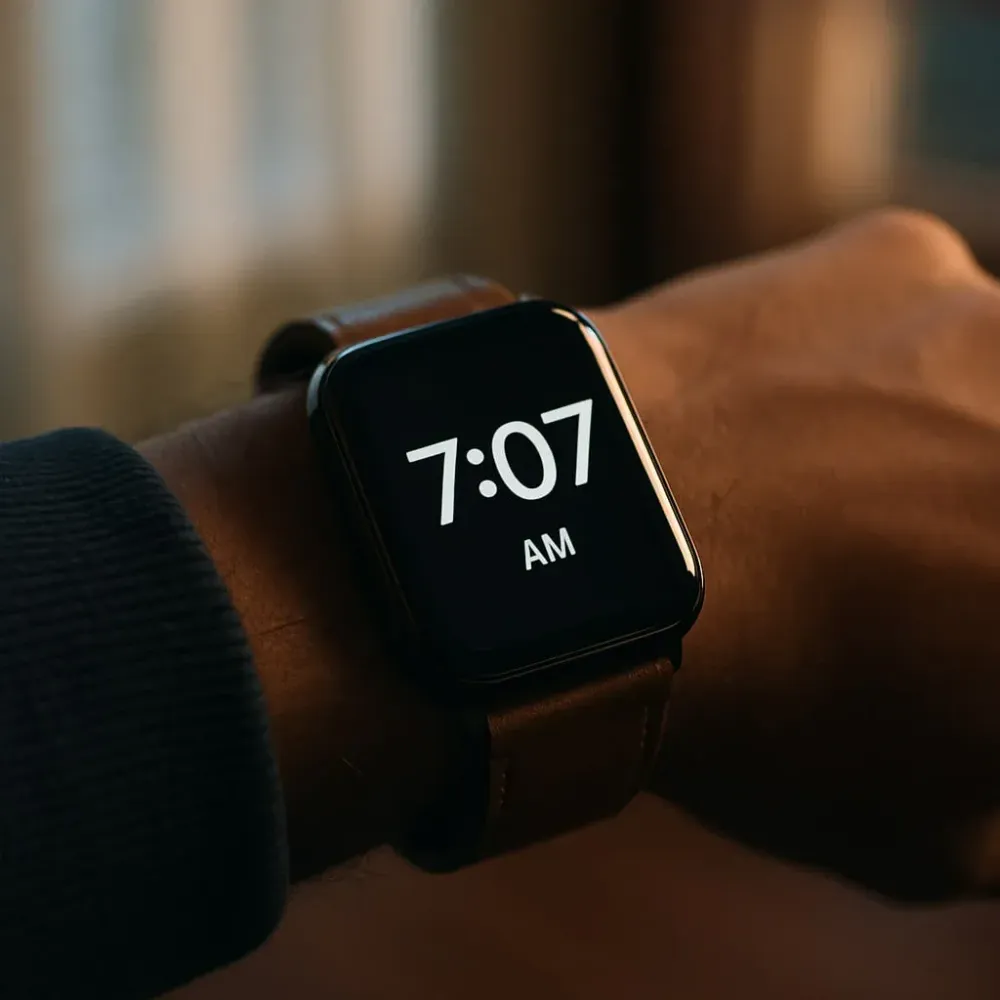 Person checking digital watch showing angel number 707 at 7:07 AM — symbolic sign of spiritual awakening and synchronicity.