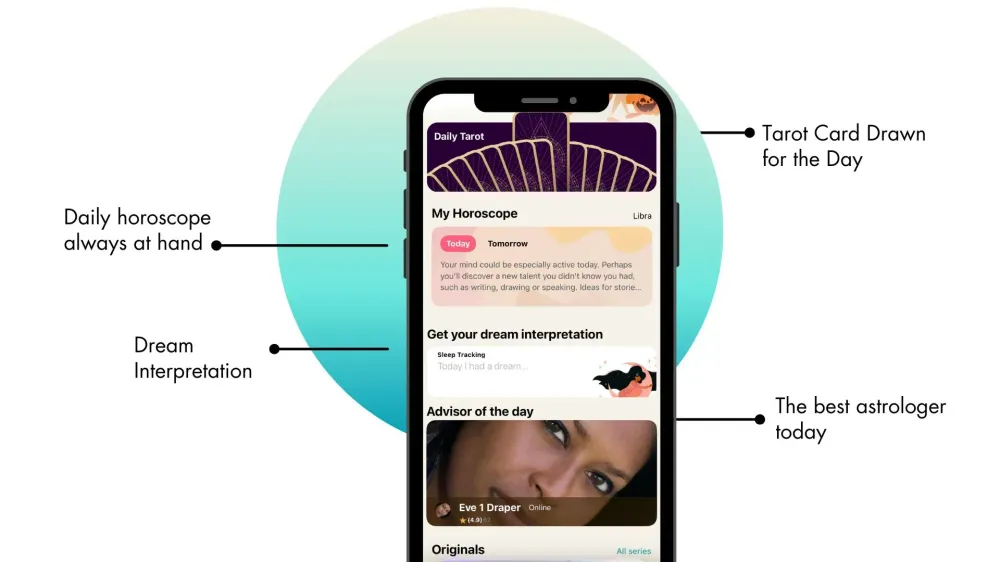 PsychicBook app interface showing daily tarot card, personal horoscope, dream interpretation feature, and top astrologer of the day