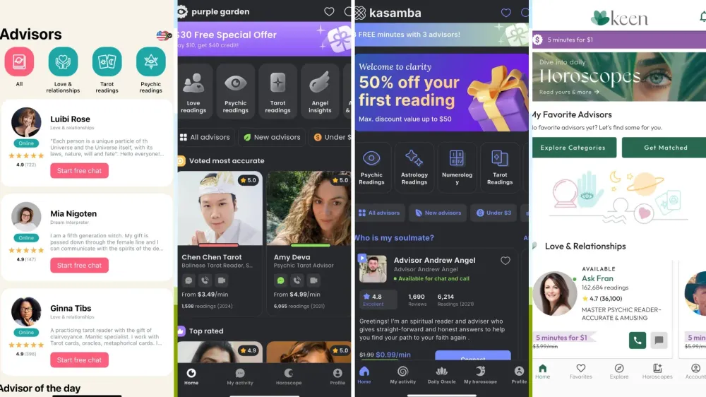 Horoscope and psychic reading app interfaces from Kasamba, Purple Garden, and Keen showing advisors and chat options.