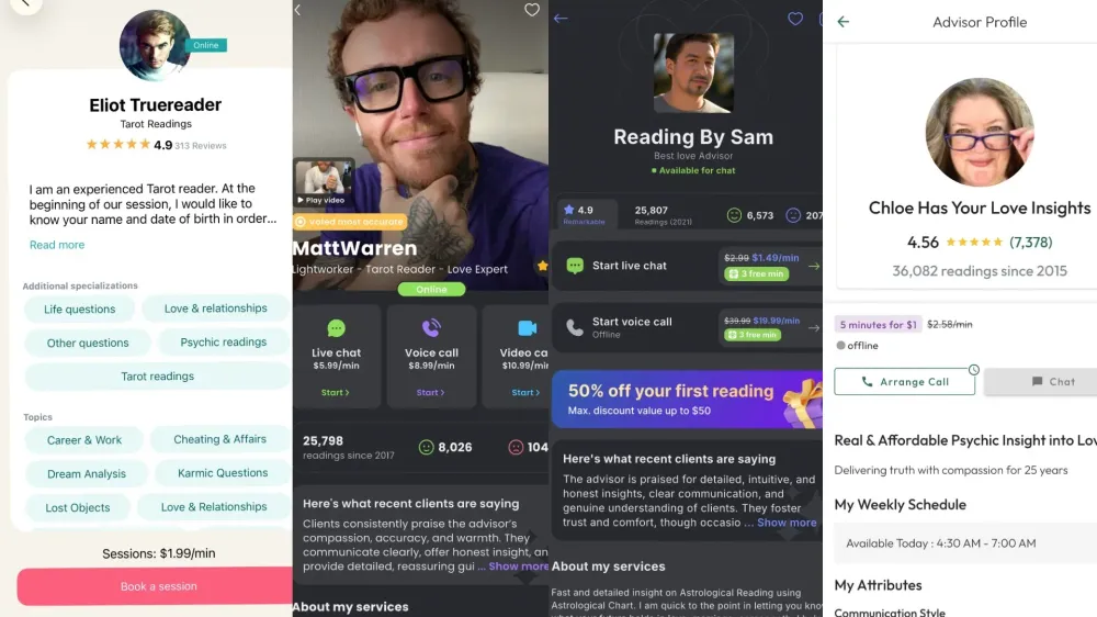Comparison of psychic advisor profiles from top tarot and astrology apps showing session rates, reviews, specializations, and chat options