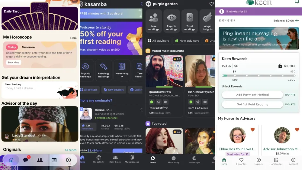 Comparison of user interfaces in top astrology apps: PsychicBook, Kasamba, Purple Garden, and Keen, showing main screens and features like horoscopes, advisors, and pricing