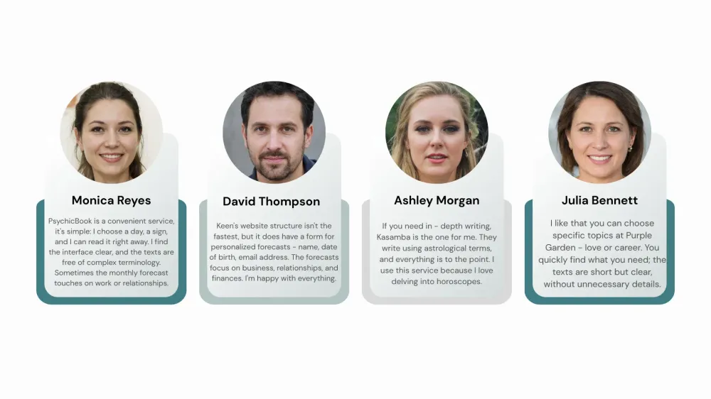Four user reviews of the services. Each shares their personal experiences using PsychicBook, Keen, Kasamba, or Purple Garden - what they liked and what they found convenient.