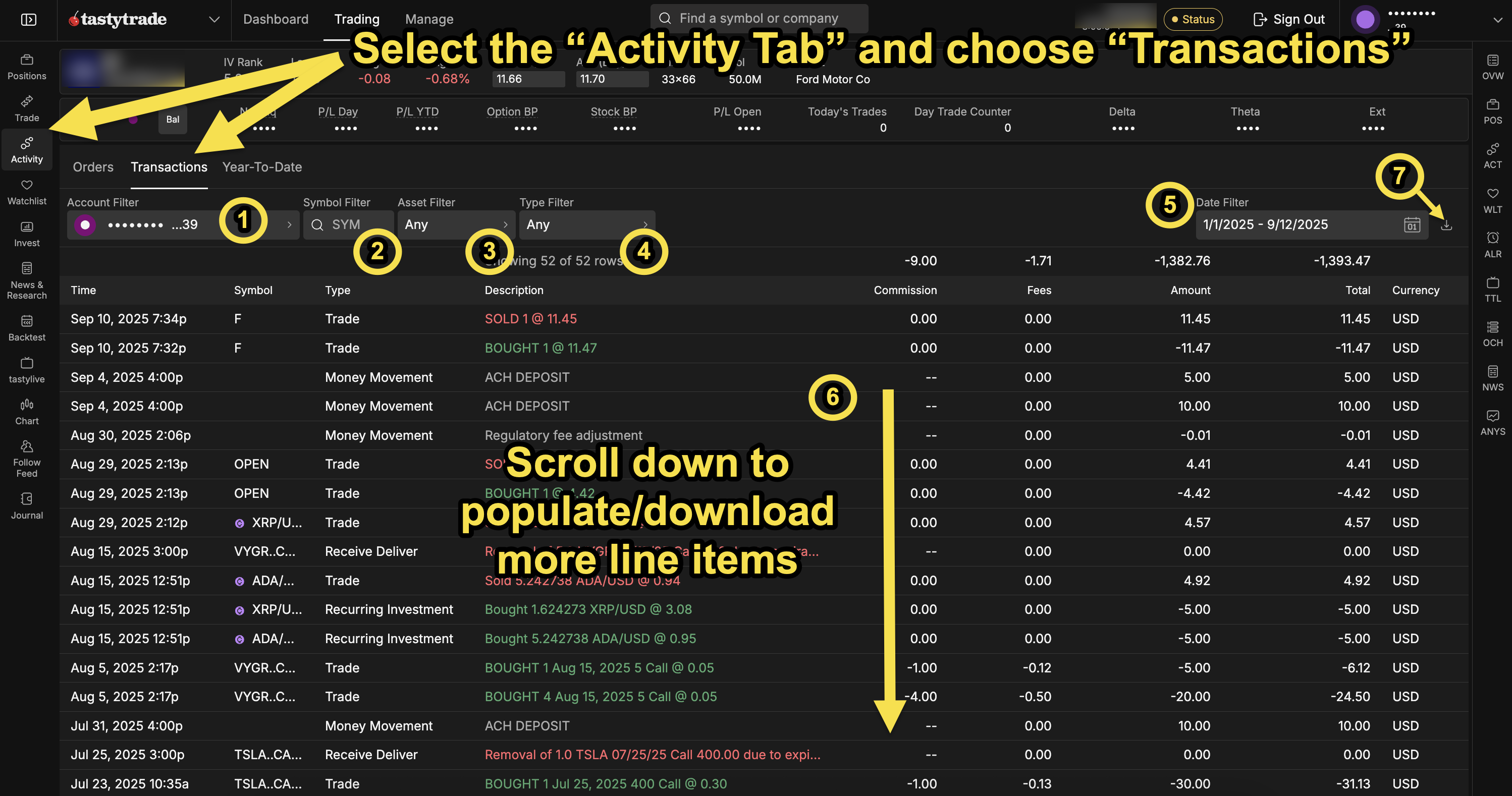 Instructions to exporting data from tastytrade