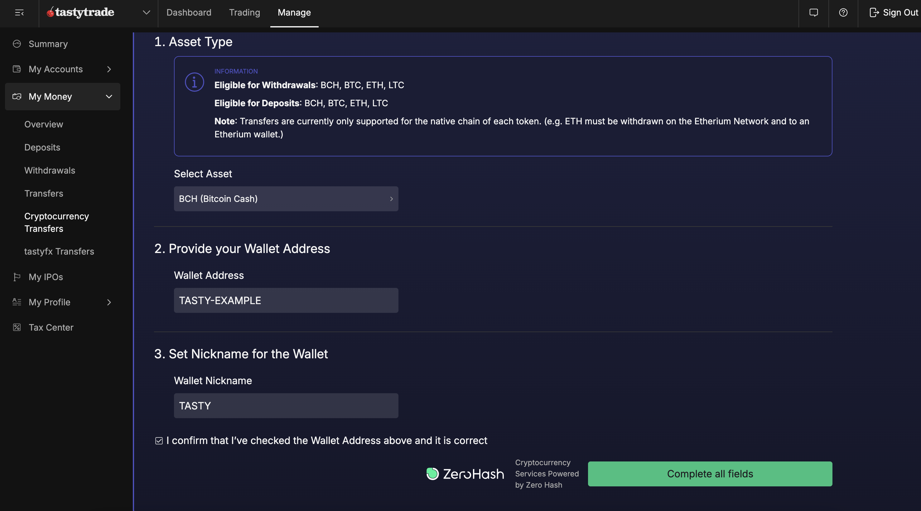 Cryptocurrency Transfers at tastytrade