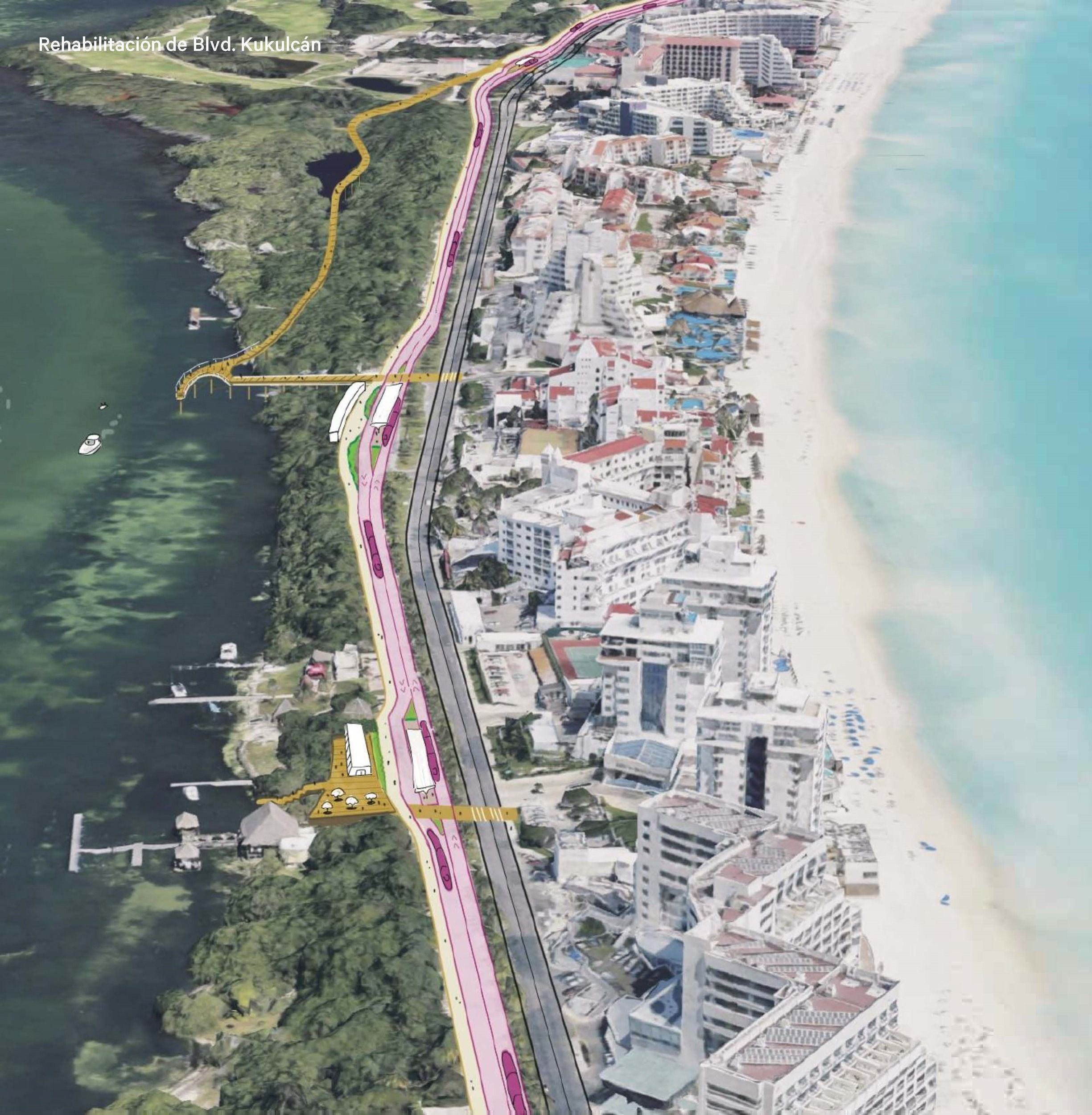 Vista aérea que muestra el plan de rehabilitación propuesto para el Bulevar Kukulcán, con nuevas alineaciones viales a lo largo de la zona hotelera de Cancún, entre la laguna y la playa.