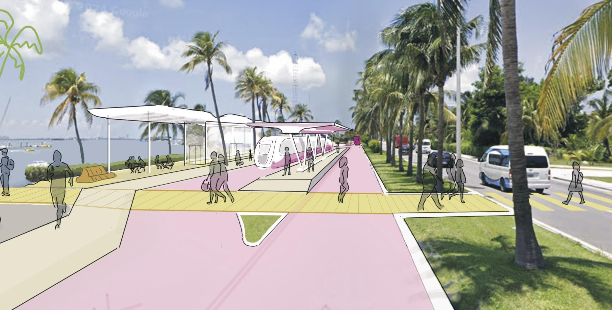 Render arquitectónico de una estación de transporte frente a la playa con áreas de espera cubiertas, senderos peatonales y palmeras a lo largo de la carretera costera.