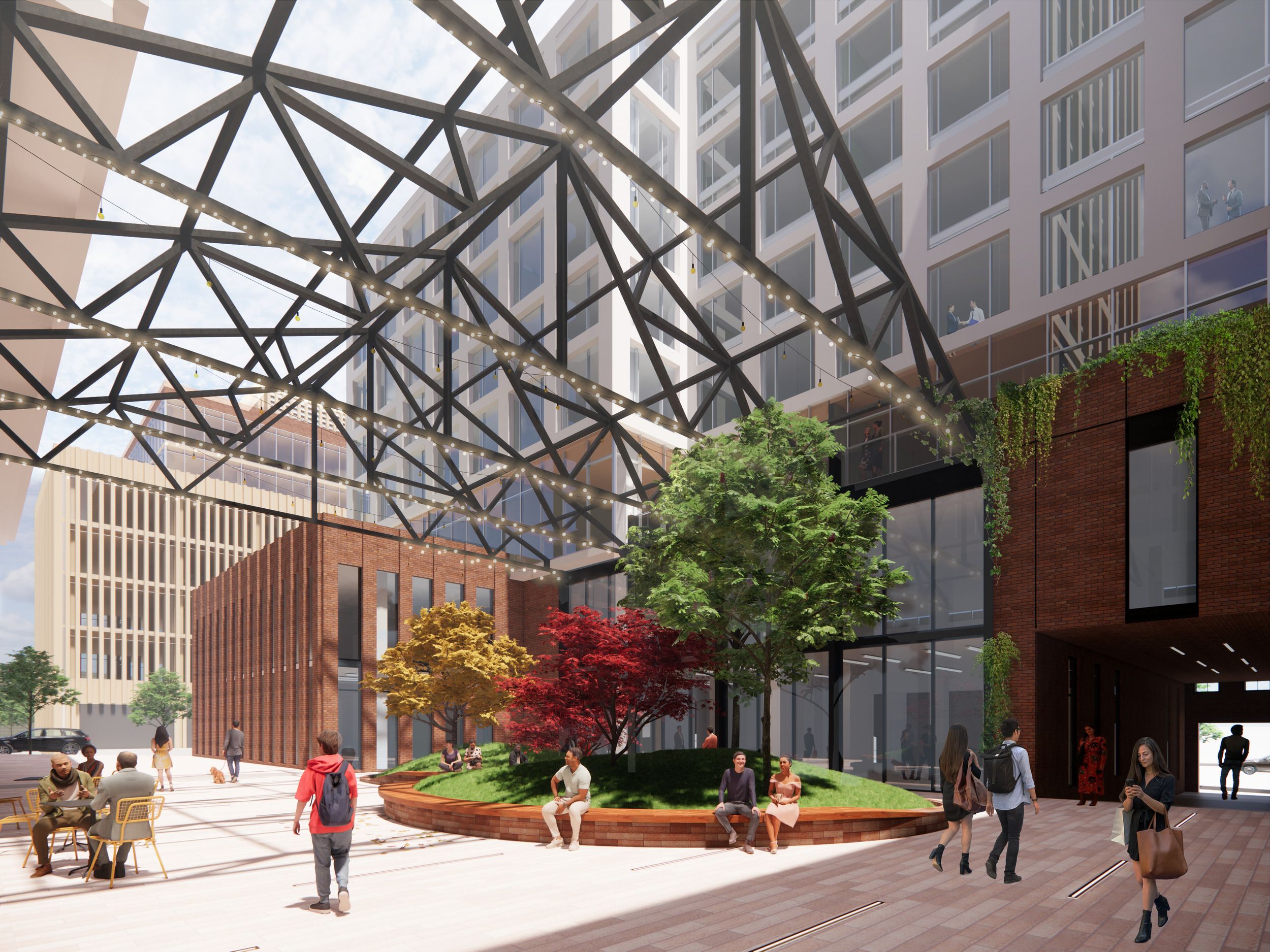 Architectural rendering of a modern urban plaza featuring a distinctive geometric triss canopy, landscaped seating area, and mixed-use buildings with brick and glass facades.