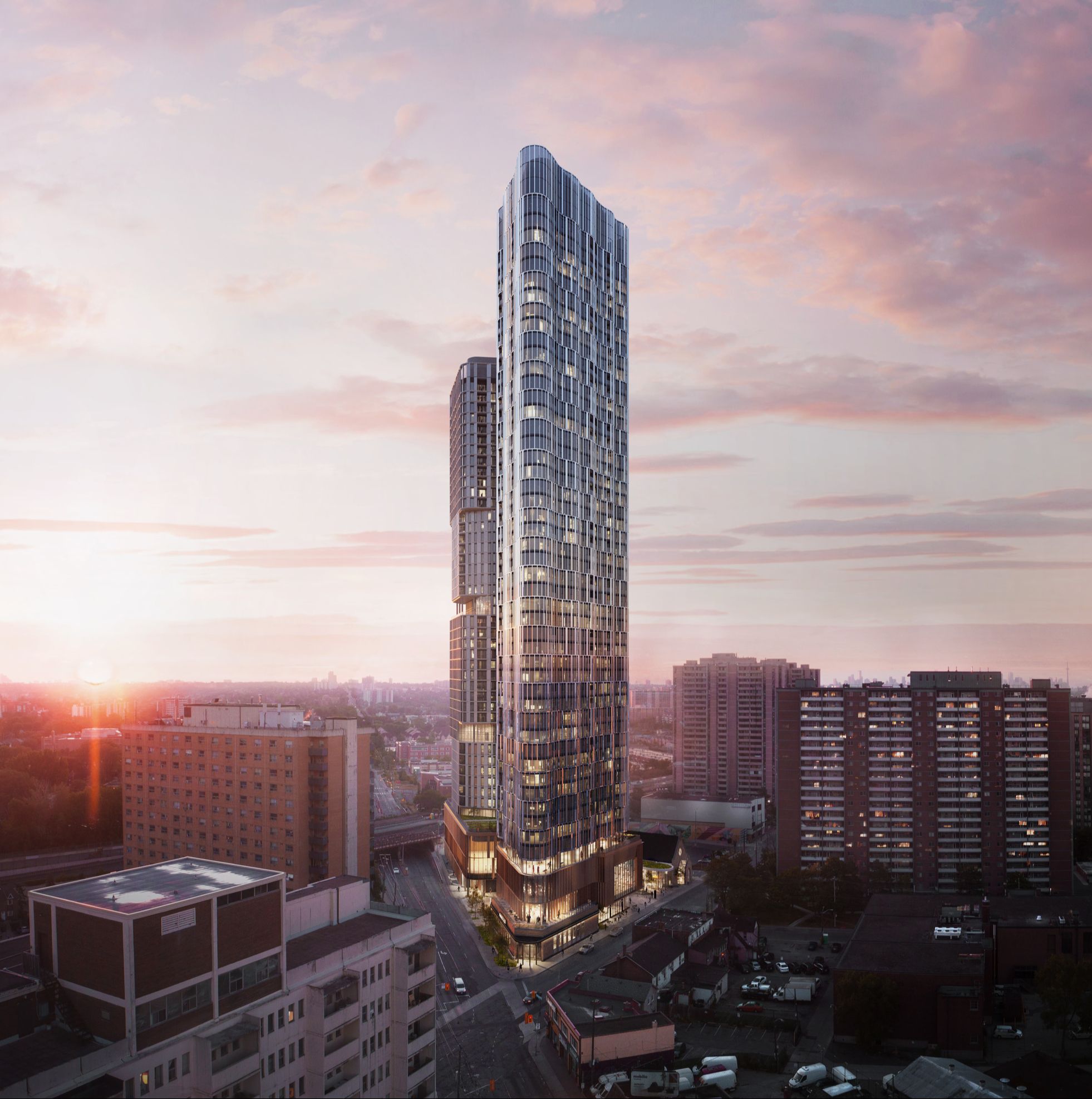 Architectural rendering of a modern residential skyscraper development in an urban setting during sunset.