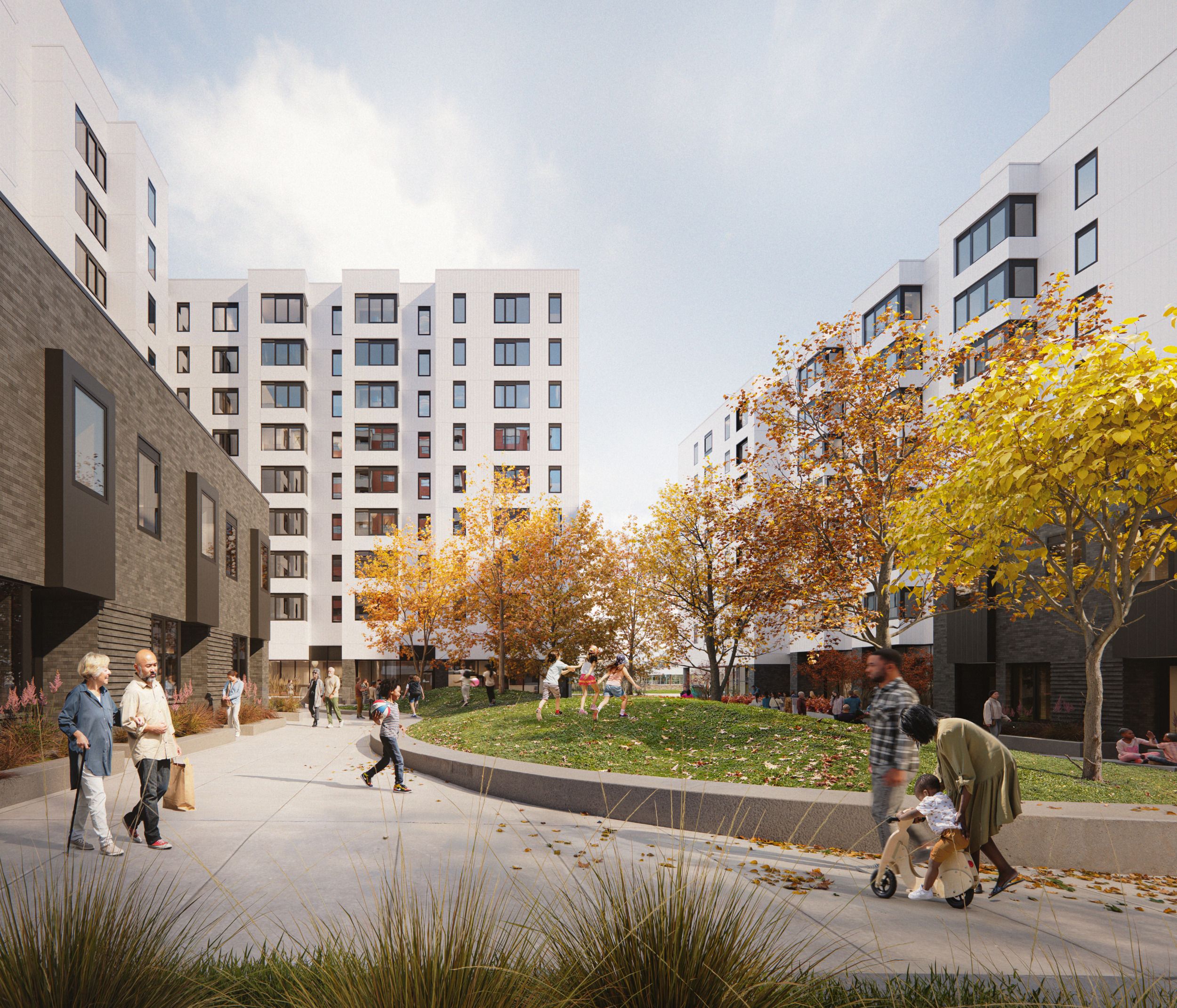 Architectural rendering showing a modern residential development with white high-rise apartments and a central community green space with autumn trees.