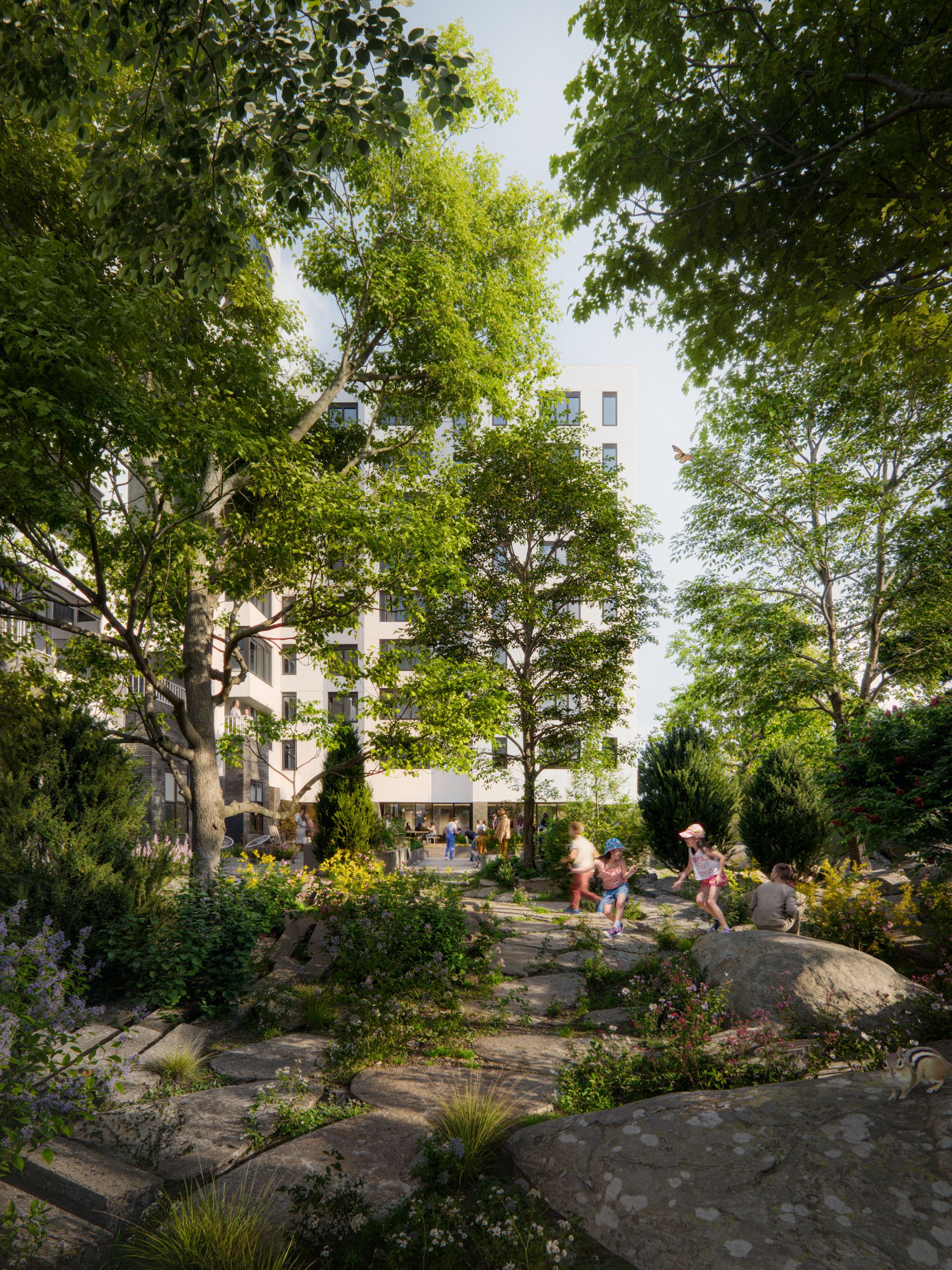 Natural rock garden and landscaping design integrated with residential apartment building, featuring mature trees and gathering spaces for residents.