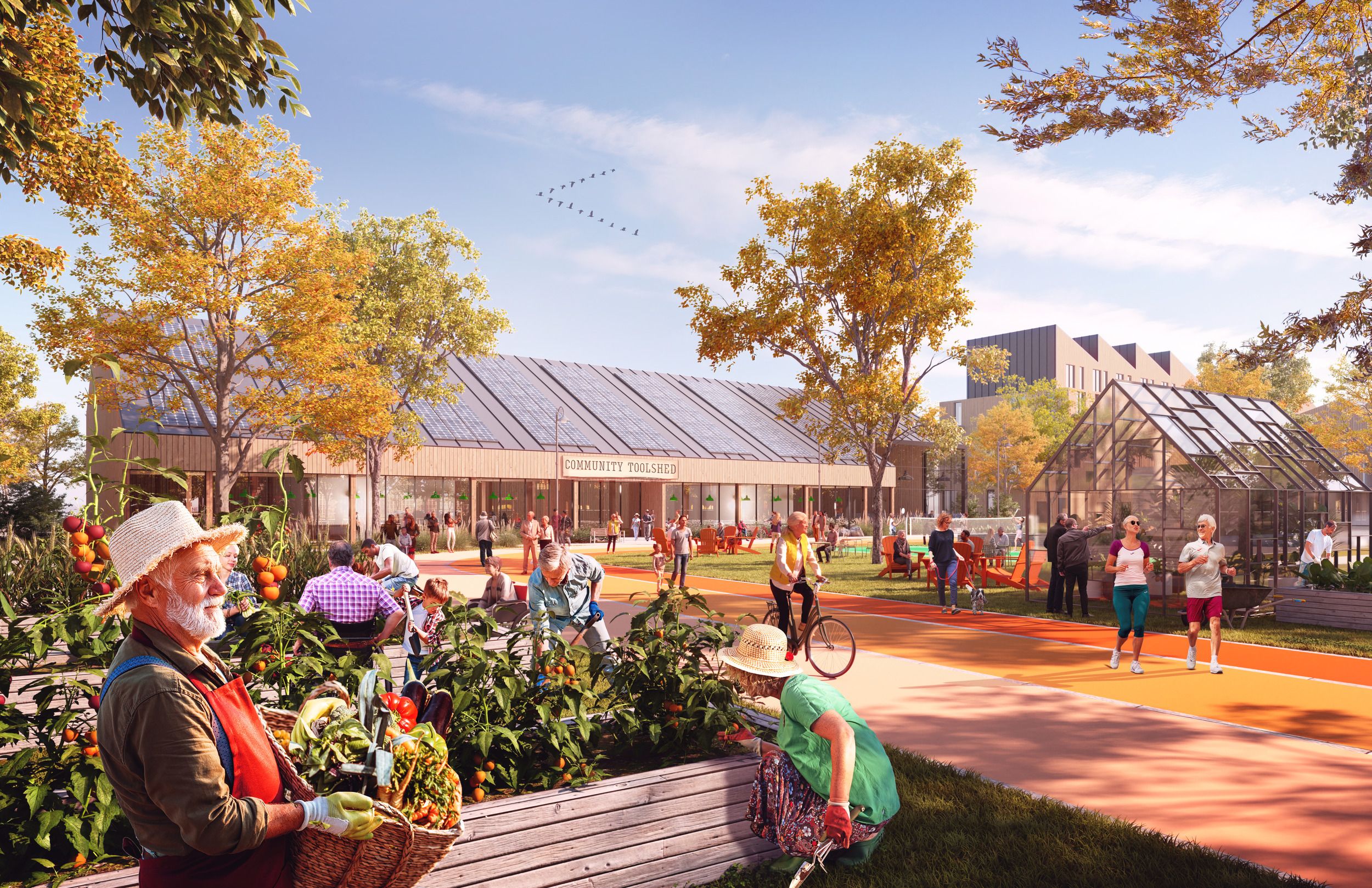 Community gathering space with greenhouse buildings, outdoor activity zones, and garden areas for growing and sharing local produce.