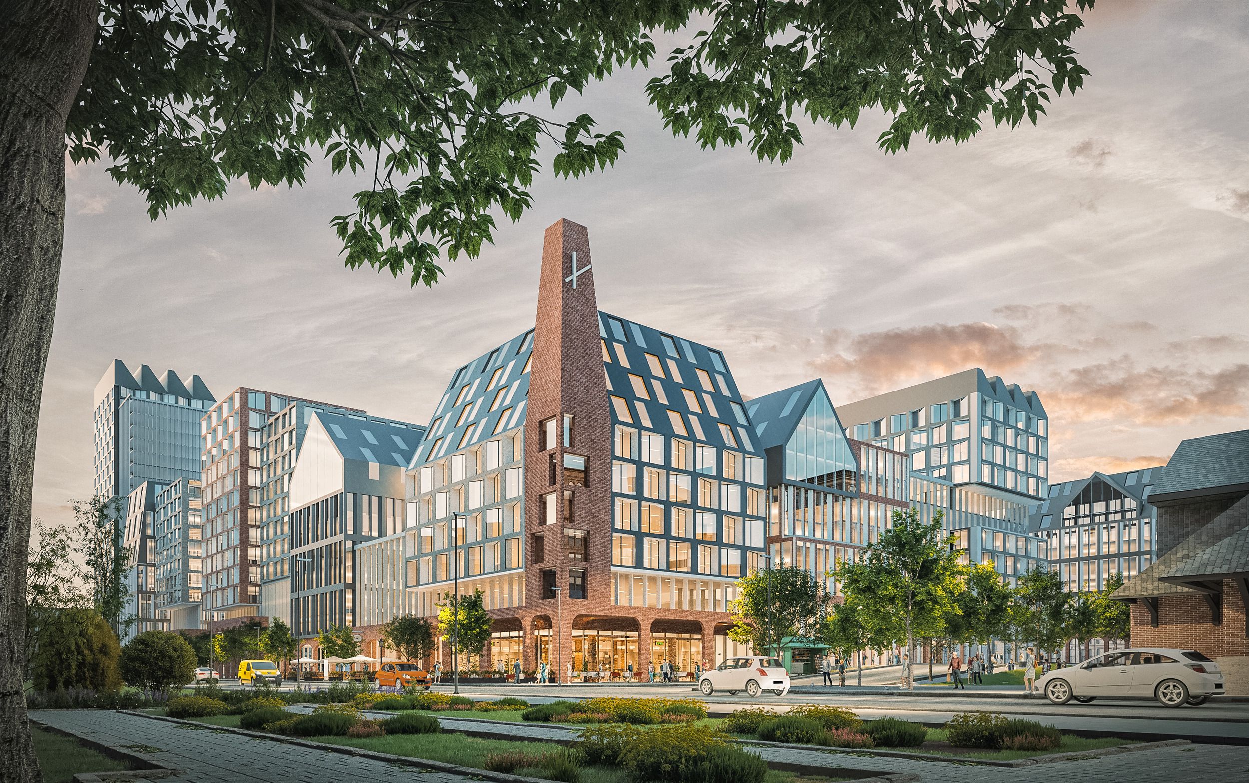 Architectural rendering of a modern mixed-use development featuring angular glass buildings with a prominent brick church spire at the corner, surrounded by landscaped streets.