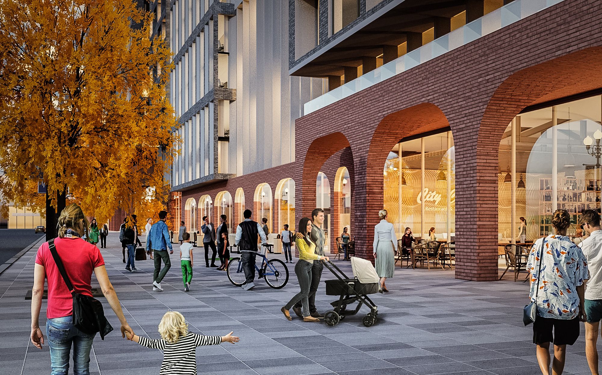 Architectural rendering of a modern mixed-use development featuring brick archways, retail spaces, and a pedestrian-friendly promenade with autumn trees.