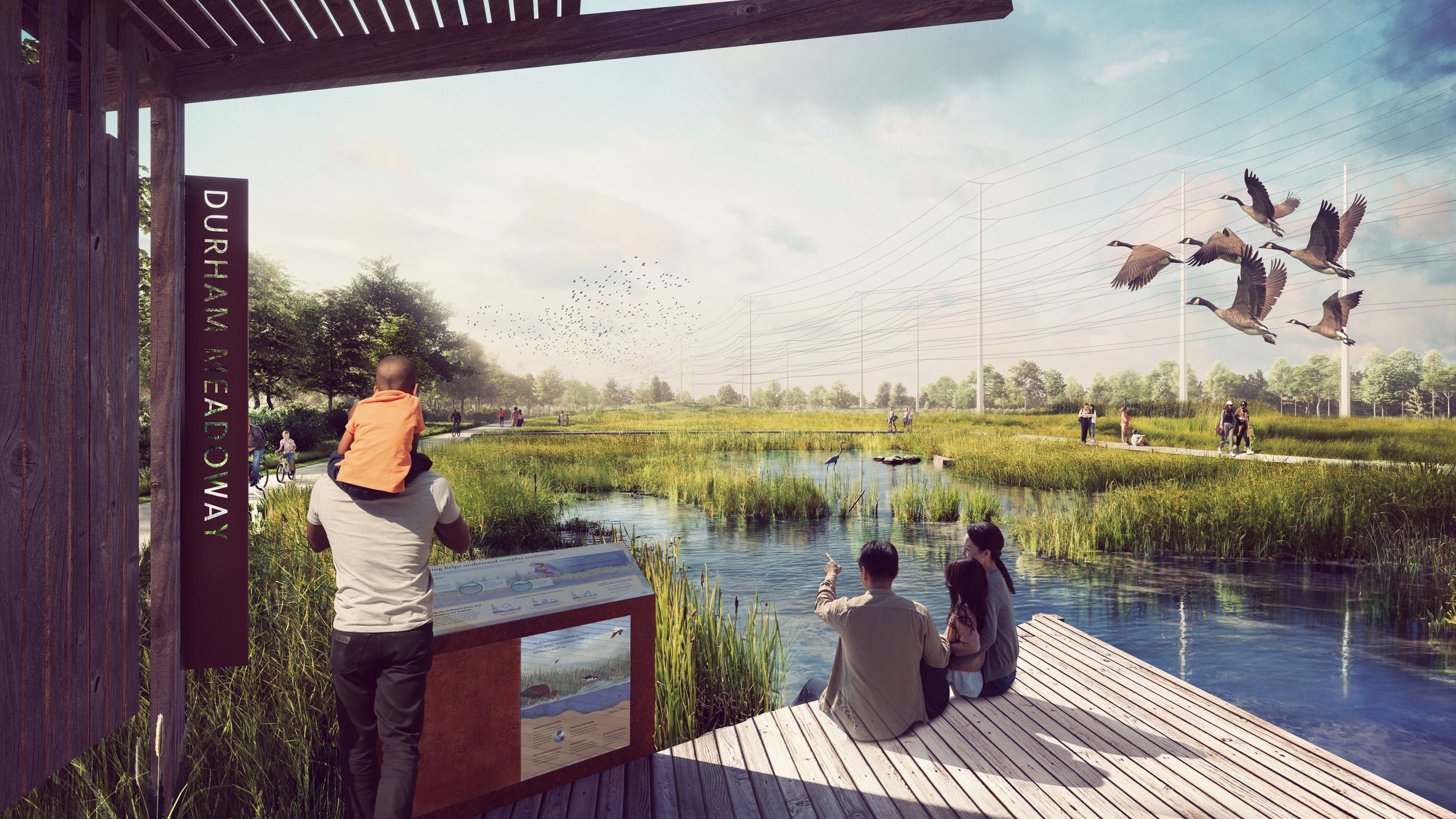 Architectural visualization of a wetland park viewing area with educational signage, wooden deck overlook, and flying geese in a natural landscape setting.