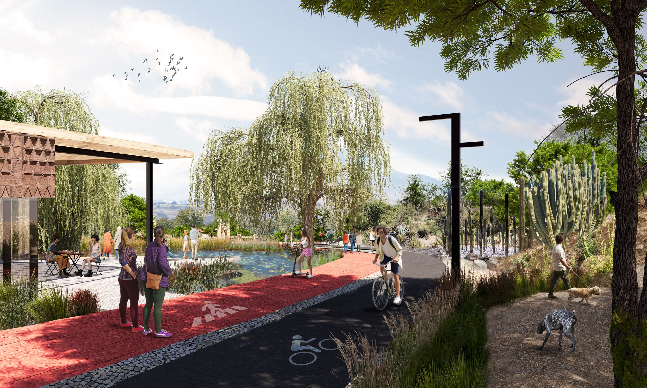 Architectural rendering of a public park featuring a red-colored bike path, water feature, weeping willows, and desert landscaping with recreational areas for visitors.