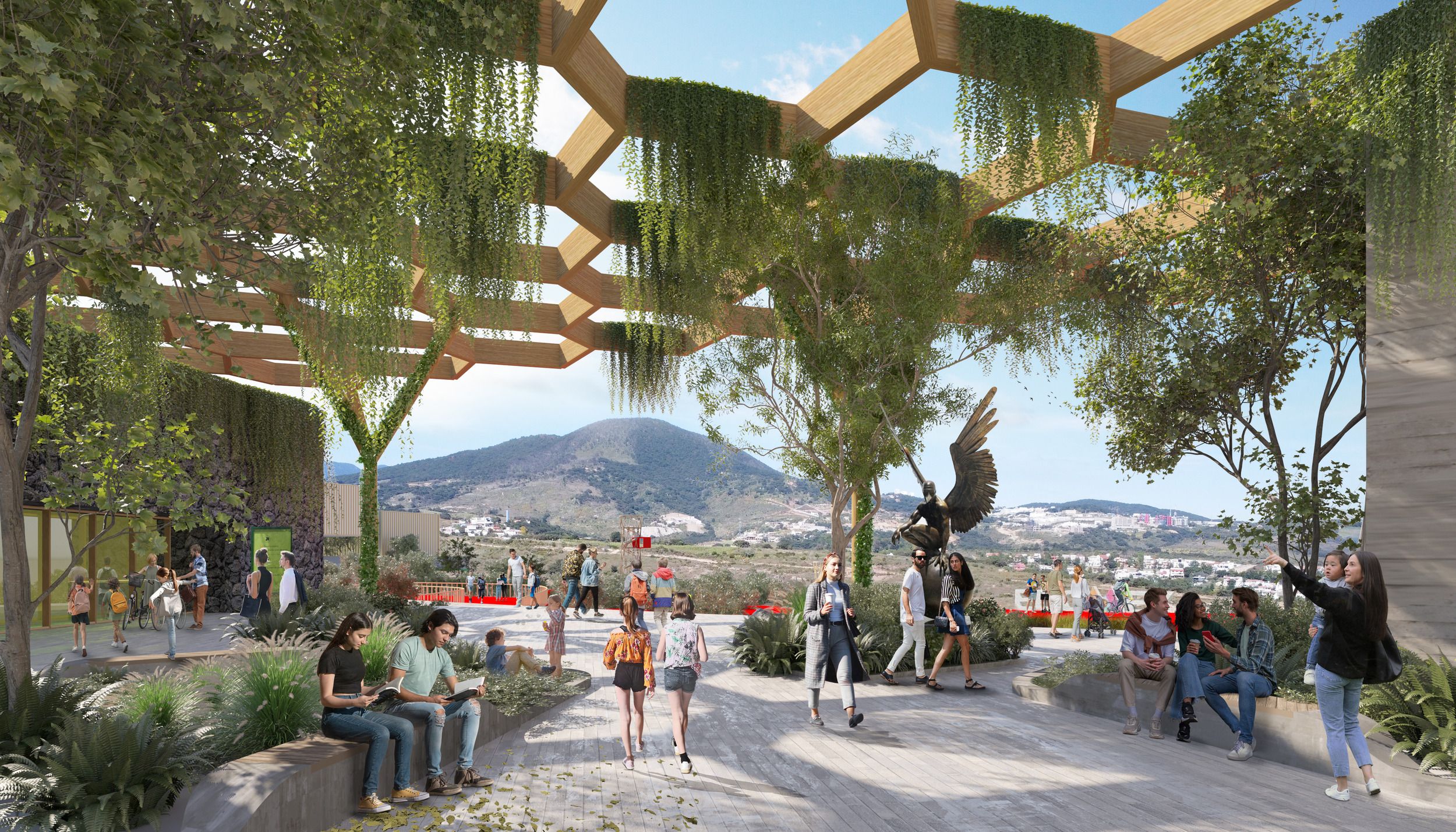 Architectural rendering of an outdoor plaza featuring a wooden pergola with hanging plants, offering mountain views and gathering spaces for visitors.