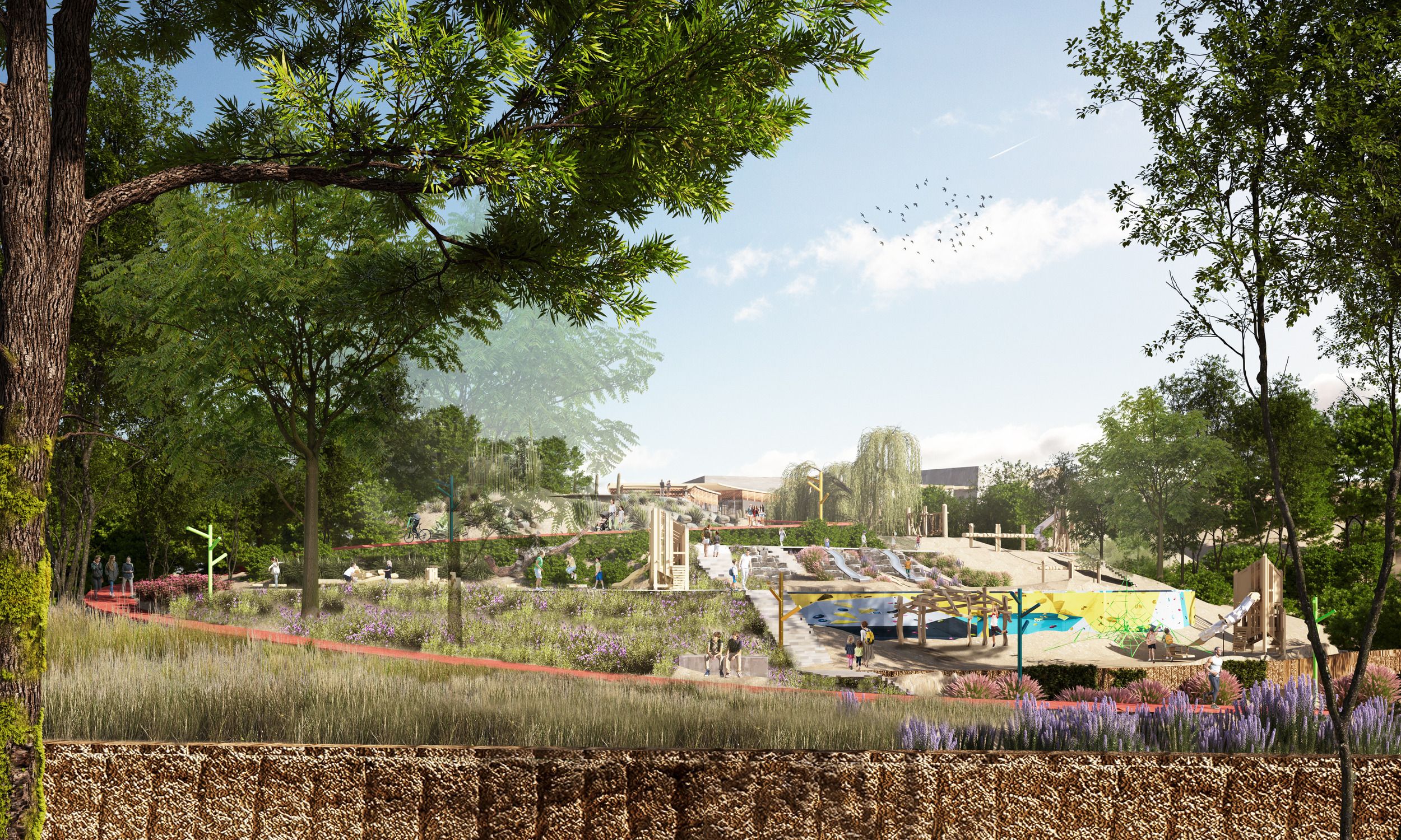 Architectural rendering of a public park design featuring a skate park, walking paths, and native landscaping integrated into a sloped terrain.