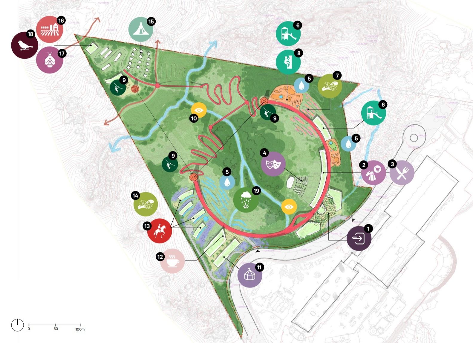 Site plan showing various recreational and cultural amenities including botanical gardens, amphitheater, climbing structure, and community spaces.