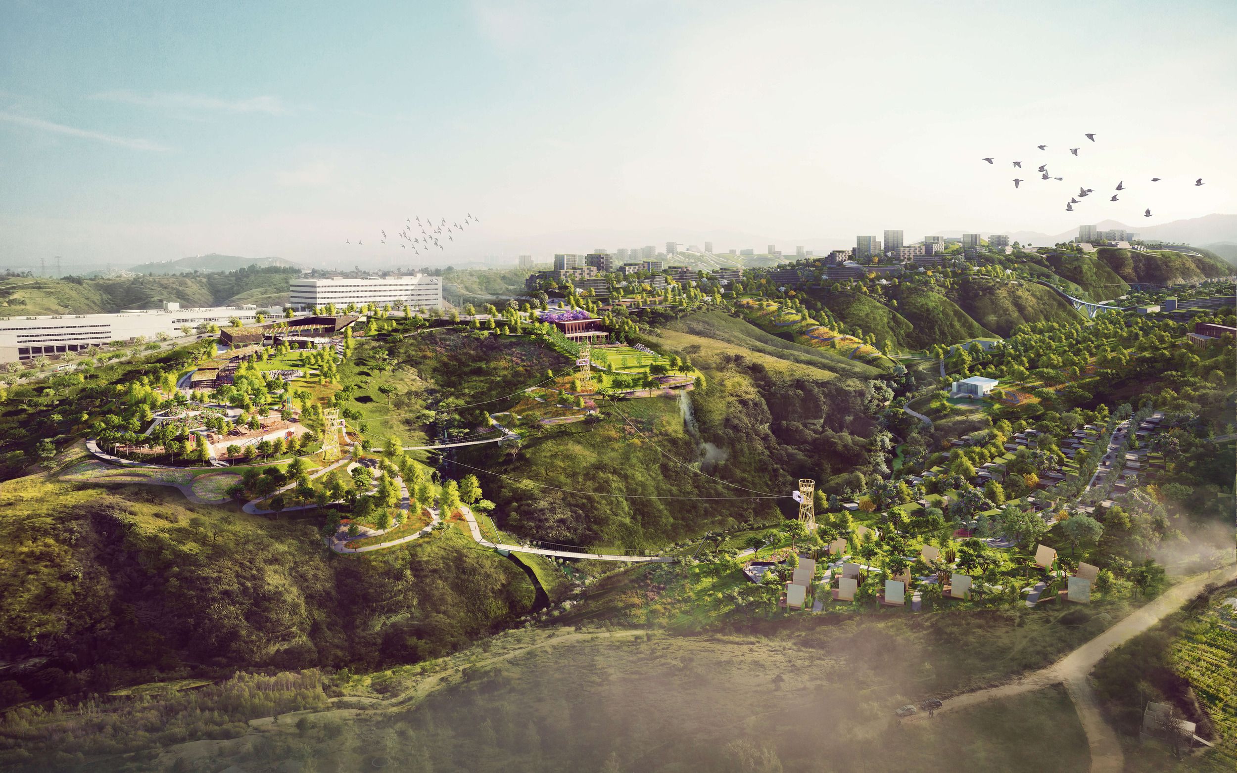 Architectural rendering of a hillside development featuring green spaces, walking paths, and urban structures integrated into the natural landscape.