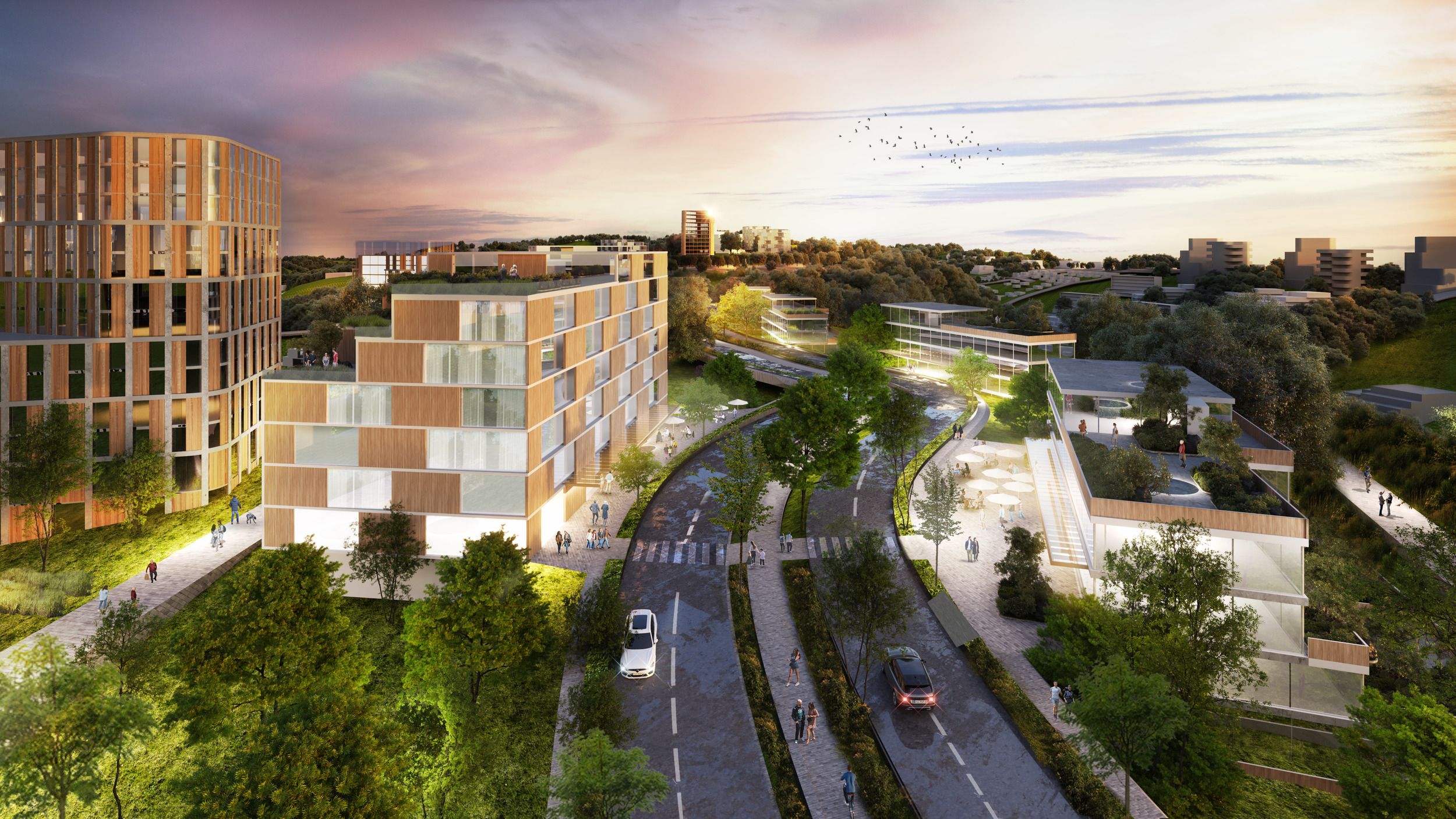 Architectural rendering of a mixed-use urban development featuring modern residential buildings, tree-lined streets, and pedestrian pathways at sunset.