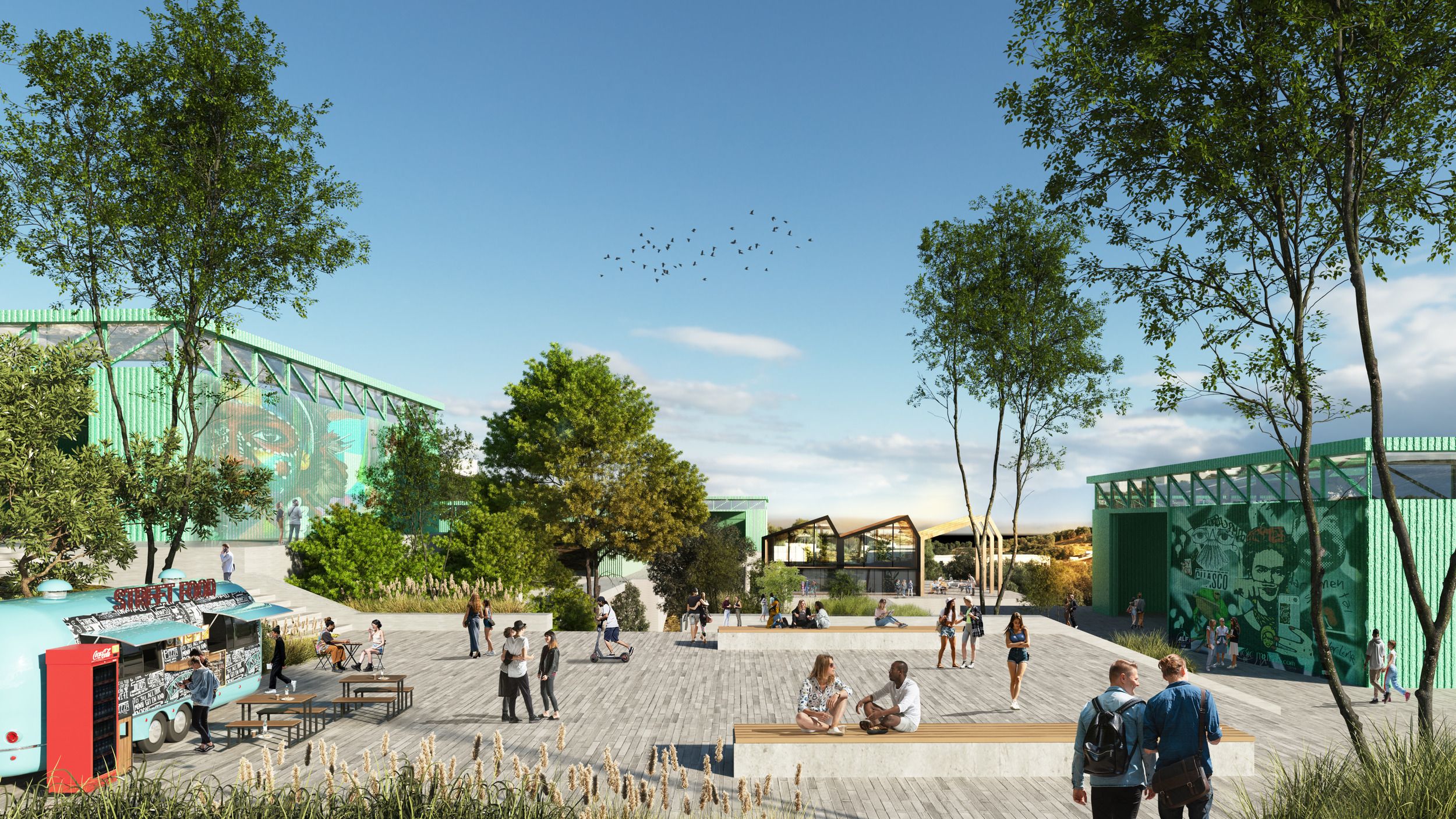Architectural rendering of a modern urban plaza with wooden decking, green buildings, and communal seating areas where people gather and socialize.
