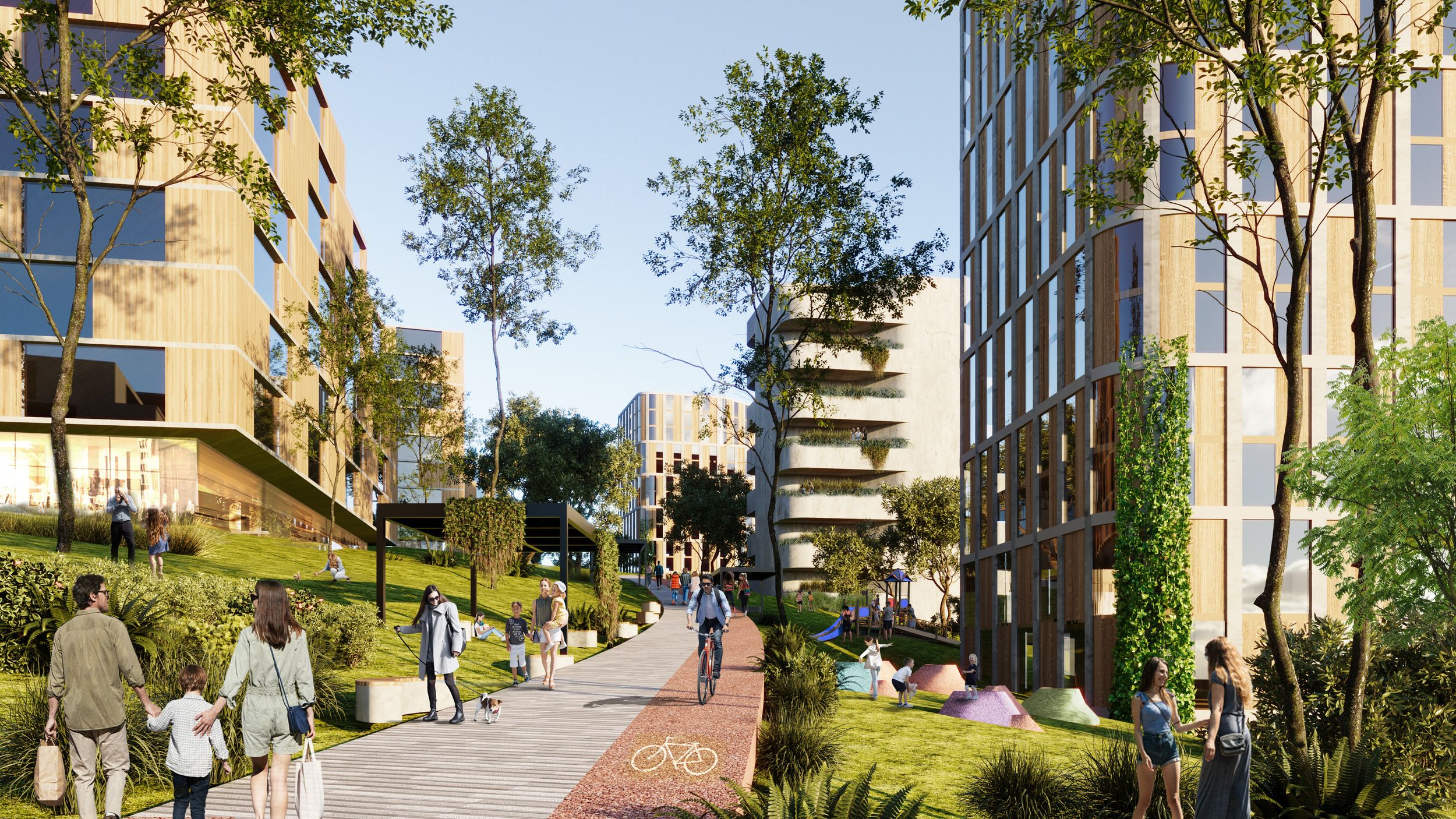 Architectural rendering of a mixed-use urban development featuring residential buildings, green spaces, and a dedicated cycling path with pedestrian walkways.
