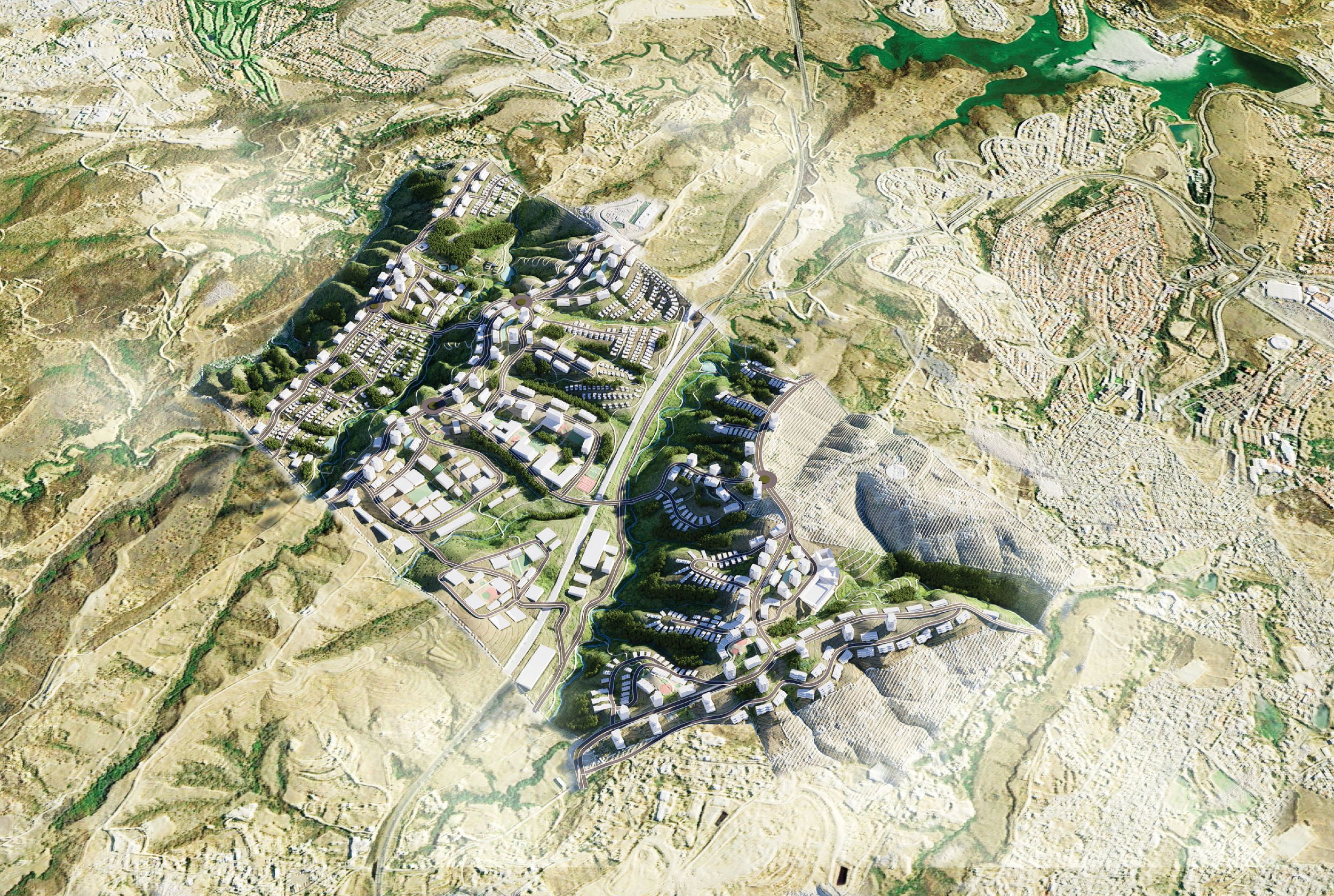 Aerial master plan rendering showing proposed urban development integrated into mountainous desert terrain.