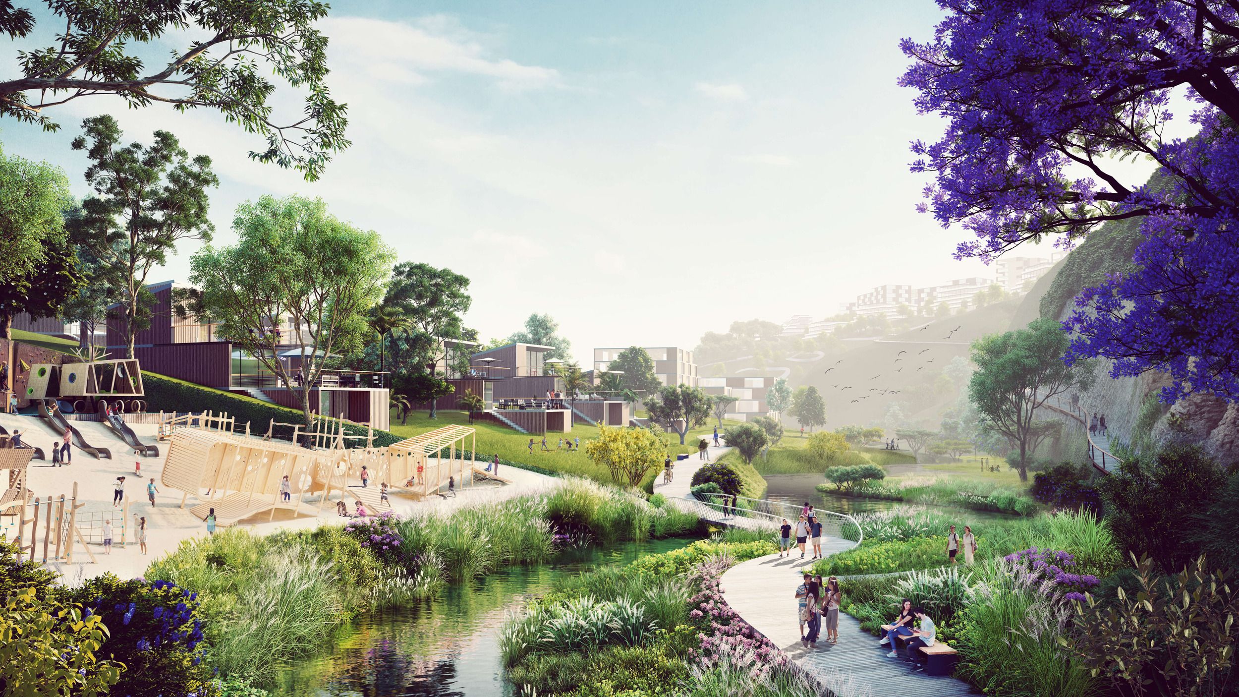 Architectural rendering of a public waterfront park featuring winding paths, recreational areas, and naturalized landscaping with purple jacaranda trees.