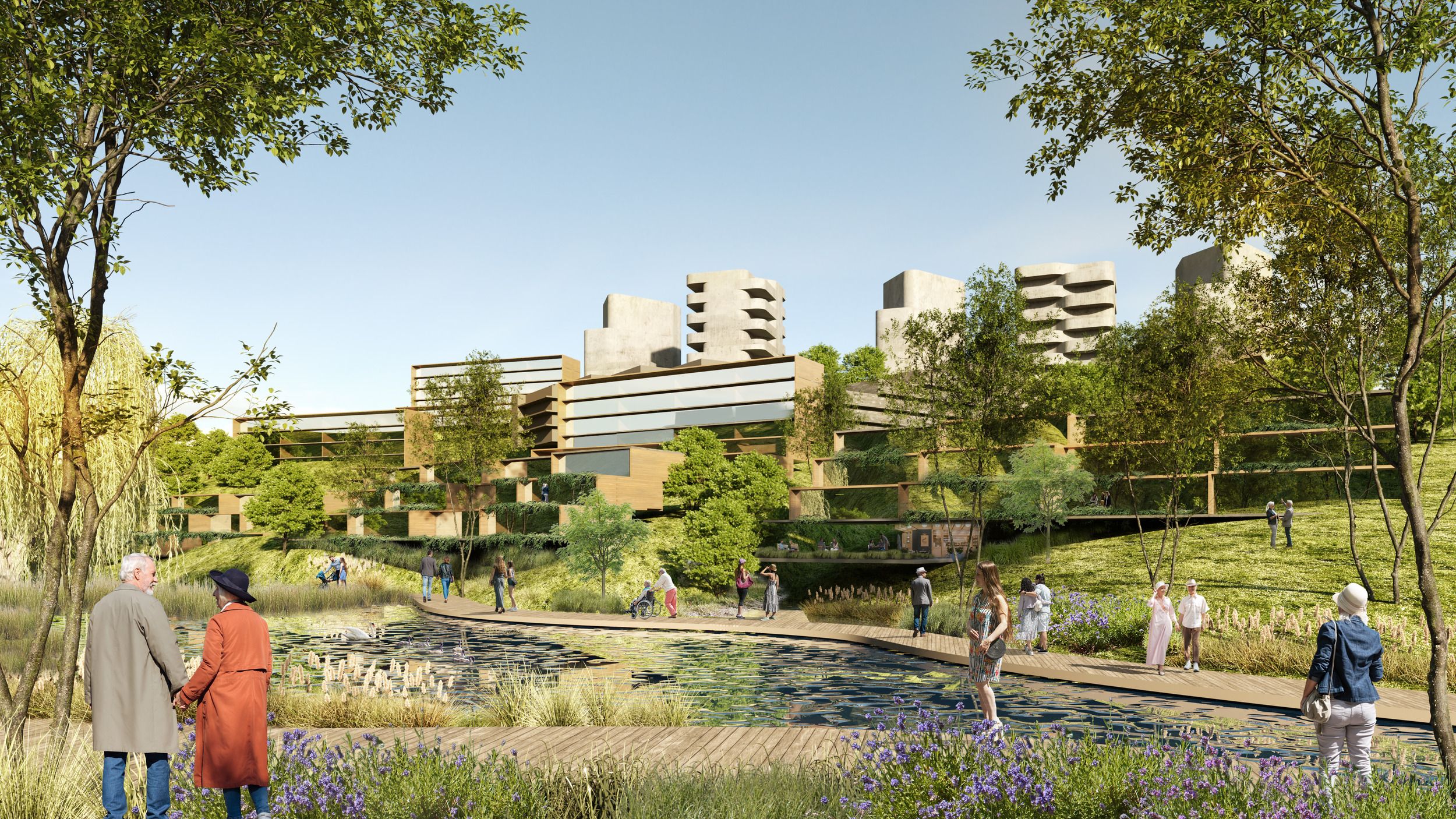 Architectural rendering of a modern terraced development featuring residential towers integrated with public green spaces and a decorative water feature.