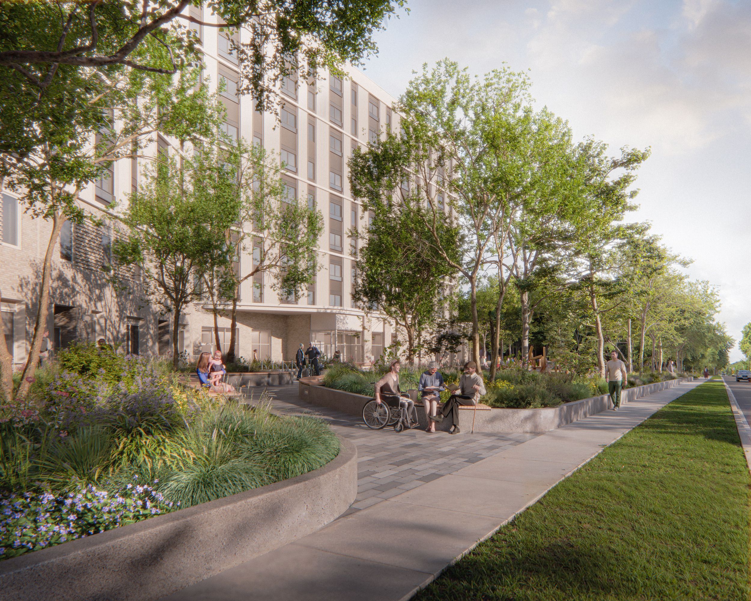 Architectural rendering showing a modern residential building with landscaped sidewalk featuring curved planters, accessible seating areas, and tree-lined pedestrian pathways.