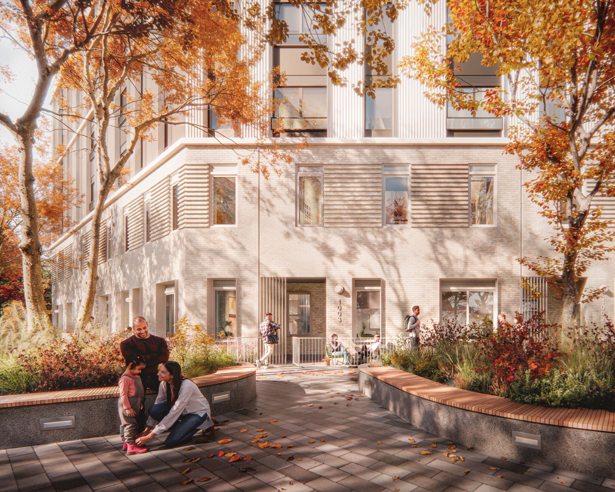 Architectural rendering of a modern residential building featuring white columns, autumn trees, and a landscaped courtyard with built-in seating areas.