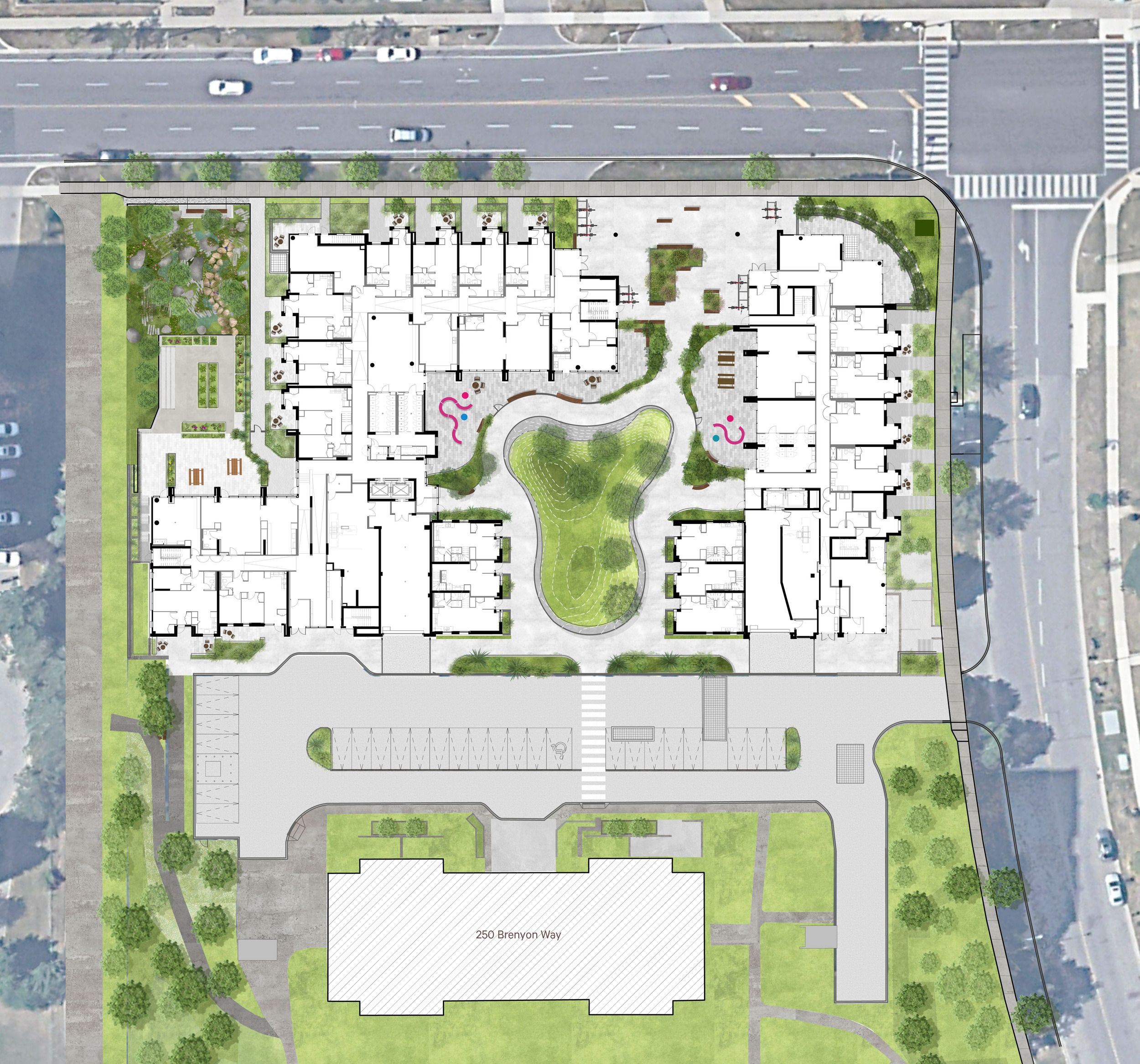 Architectural site plan showing residential complex with central courtyard garden, surrounding living units, and adjacent parking areas.