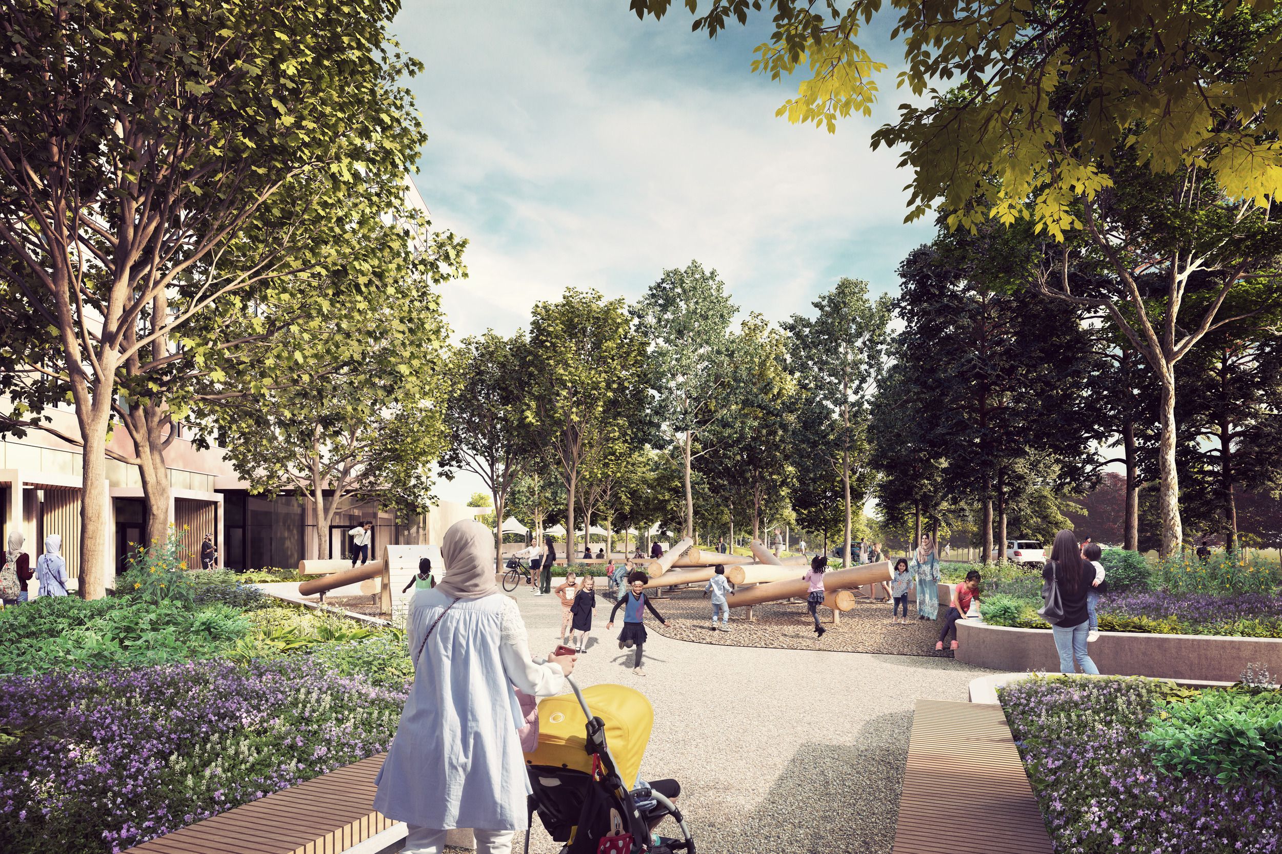 Architectural rendering of a public park design featuring curved wooden benches, landscaped gardens, and a children's play area bordered by mature trees.